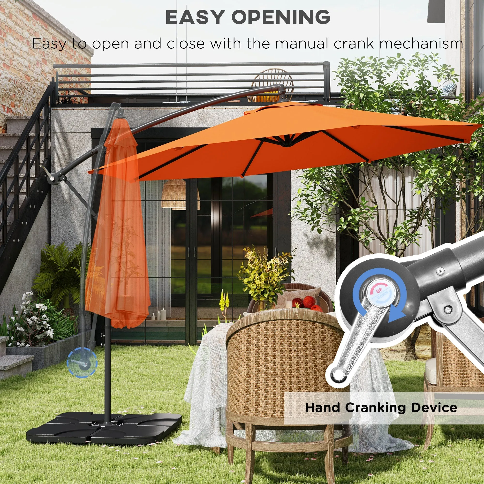 3(m) Garden Banana Parasol Cantilever Umbrella with Crank Handle, Cross Base, Weights and Cover for Outdoor, Hanging Sun Shade, Orange
