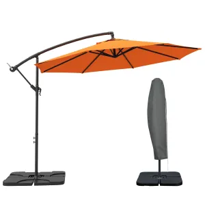 3(m) Garden Banana Parasol Cantilever Umbrella with Crank Handle, Cross Base, Weights and Cover for Outdoor, Hanging Sun Shade, Orange