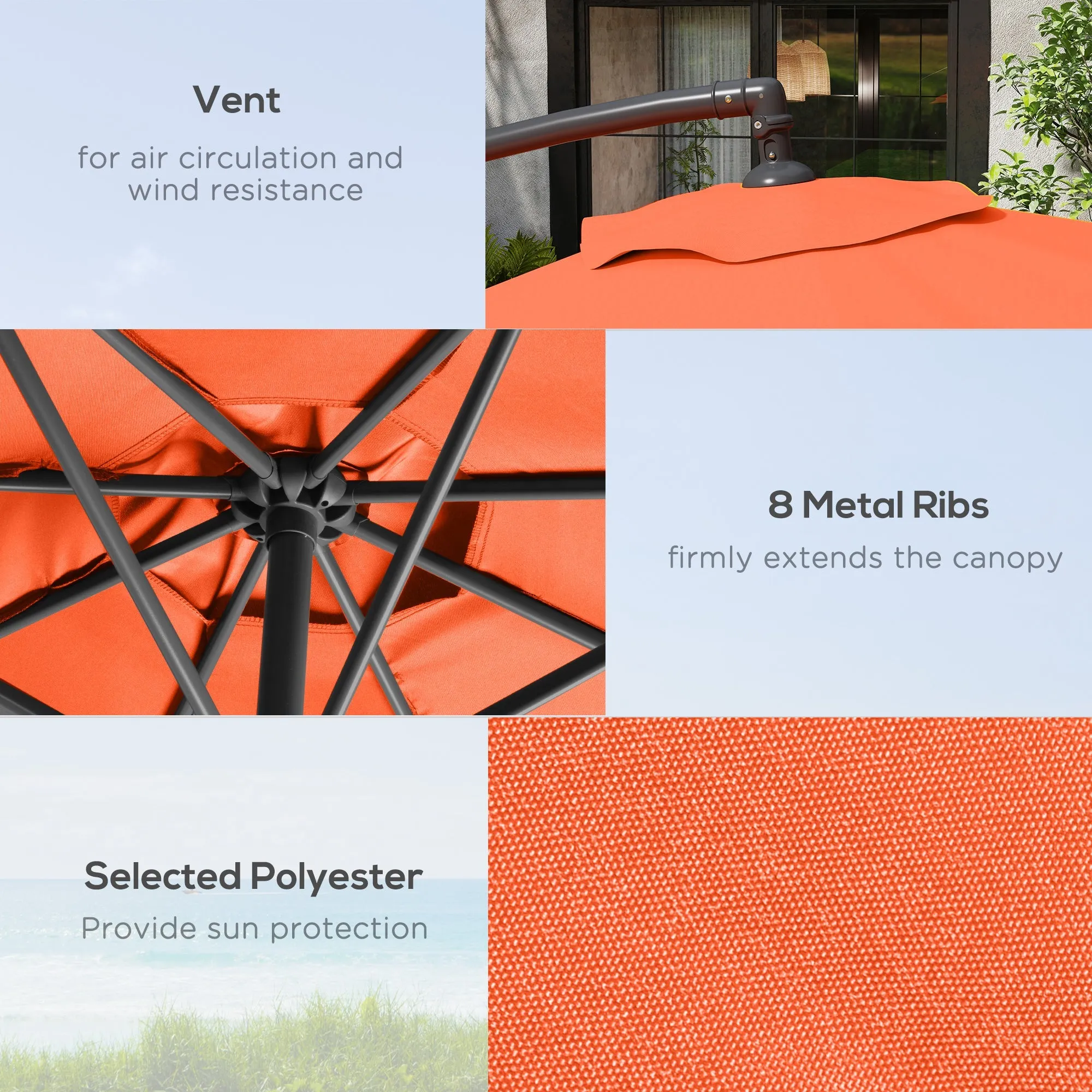 3(m) Garden Banana Parasol Cantilever Umbrella with Crank Handle, Cross Base, Weights and Cover for Outdoor, Hanging Sun Shade, Orange