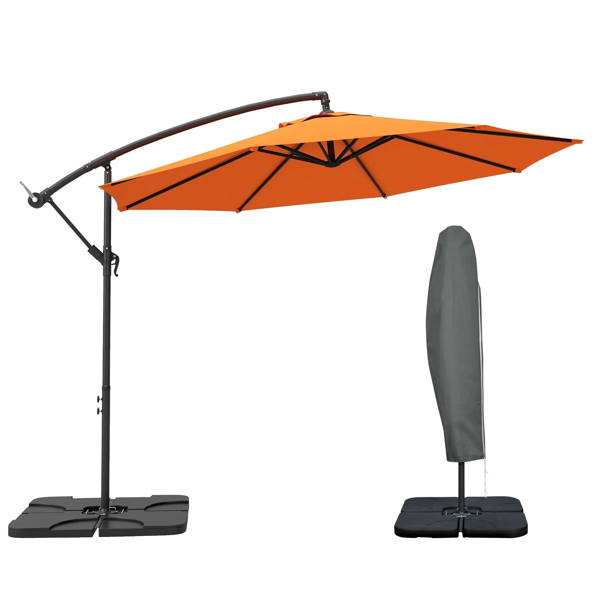 3(m) Garden Banana Parasol Cantilever Umbrella with Crank Handle, Cross Base, Weights and Cover for Outdoor, Hanging Sun Shade, Orange