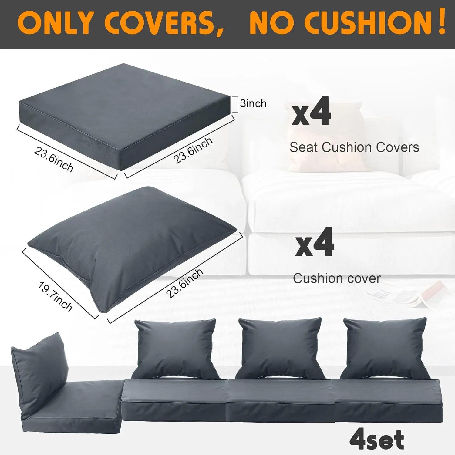 4 Set Patio Cushion Covers Replacement Water UV Resistant Outdoor Cushion Slipcovers with Zipper Chair Seat Cushion Covers for Outdoor Furniture (Dark Gray,24 x 20 Inch, 24 x 24 x 4 Inch)