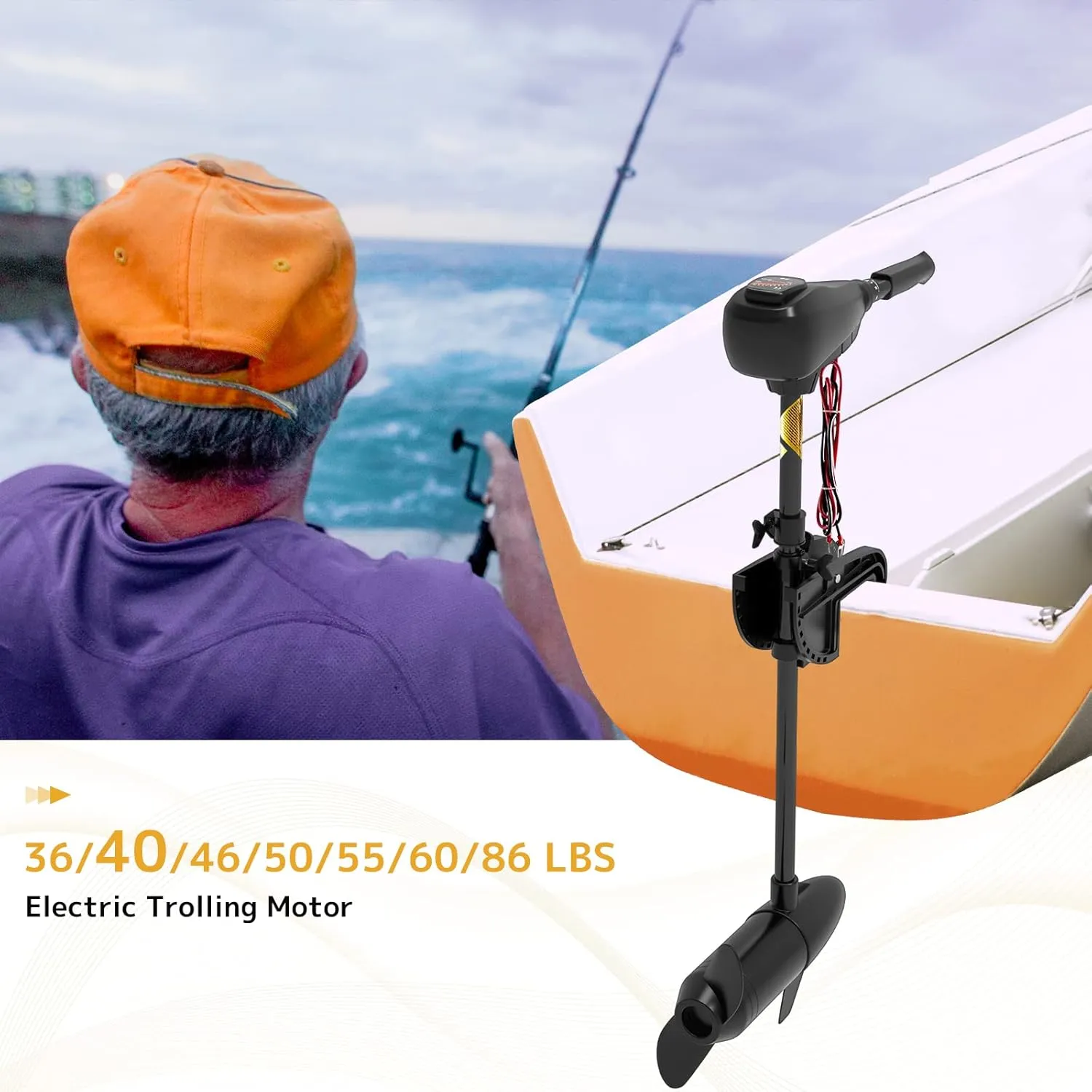 40 LBS Thrust Trolling Motor, 12V Transom Mounted Saltwater Electric Outboard Motor 8 Speed w/LED Battery Indicator and Telescoping Handle for Kayak, Inflatable Fishing Boats