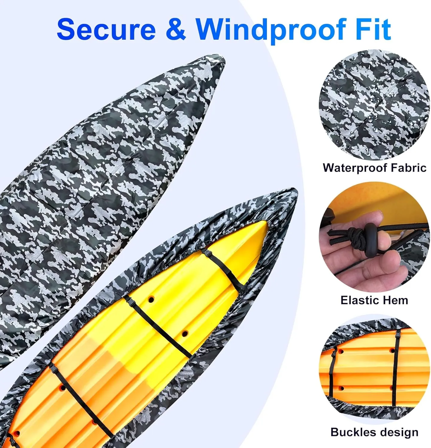 420D Kayak Cover, Waterproof UV Resistant Kayak Covers for Outdoor Storage, Ultra Strong Canoe Storage Dust Cover Sunblock Fishing Boat Cover Shield Protector for Indoor & Outdoor - Camouflage