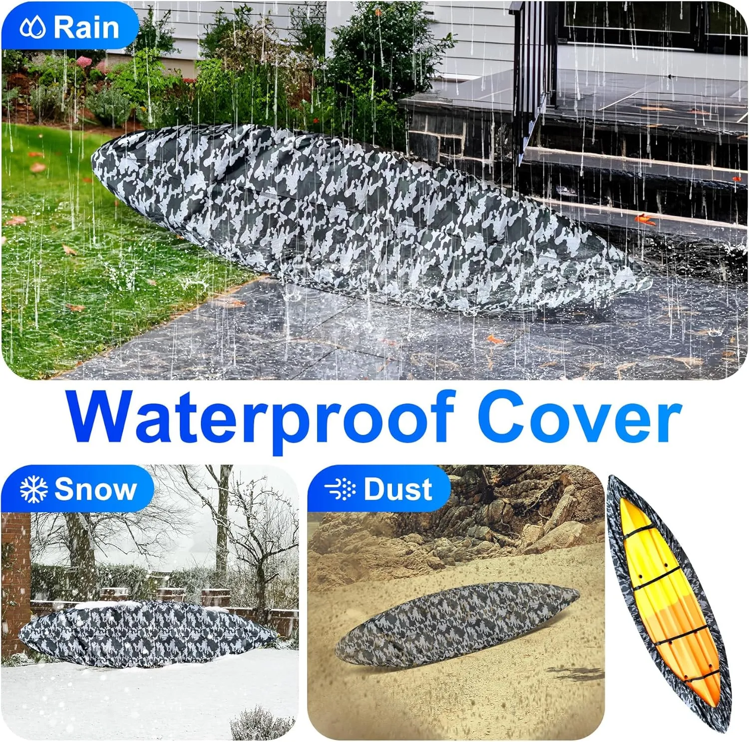 420D Kayak Cover, Waterproof UV Resistant Kayak Covers for Outdoor Storage, Ultra Strong Canoe Storage Dust Cover Sunblock Fishing Boat Cover Shield Protector for Indoor & Outdoor - Camouflage
