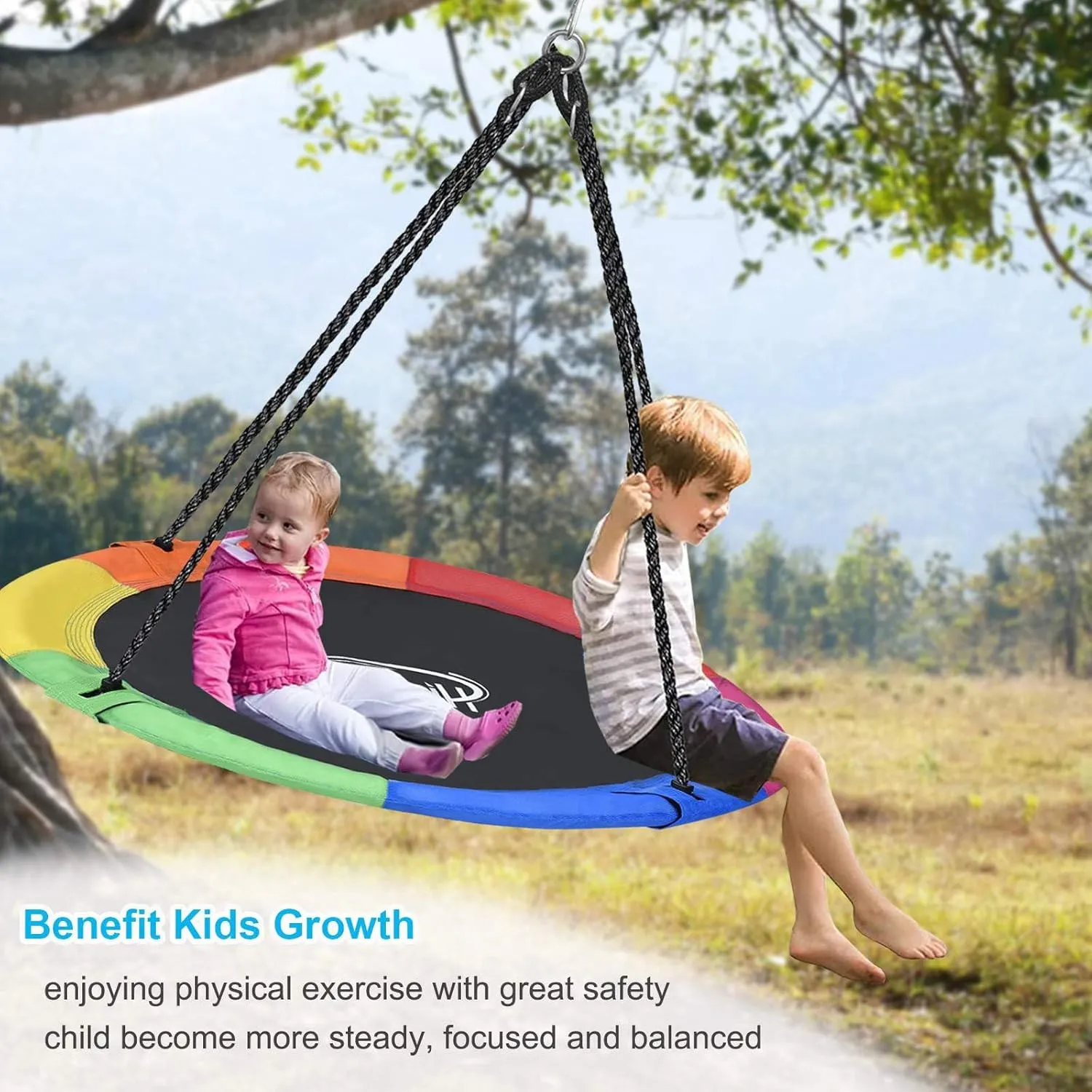43 inch Saucer Tree Swing for Kids,Durable Textilene Round Swing Heavy Duty, Waterproof and All-Weather Resistant,Swivel,Adjustable Strong Ropes,Easy to Install,Outdoor Playground Backyard