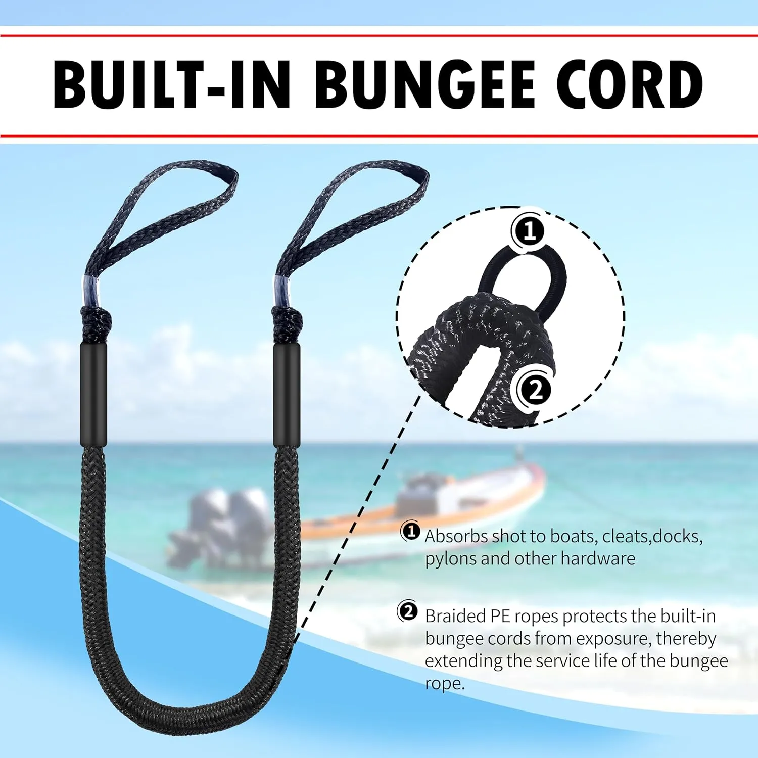 4ft Bungee Dock Lines for Boat 2 Pack – Tangle-Free Shock Absorbing Mooring Ropes for Boat, Jet Ski, Pontoon, Kayak (Black)