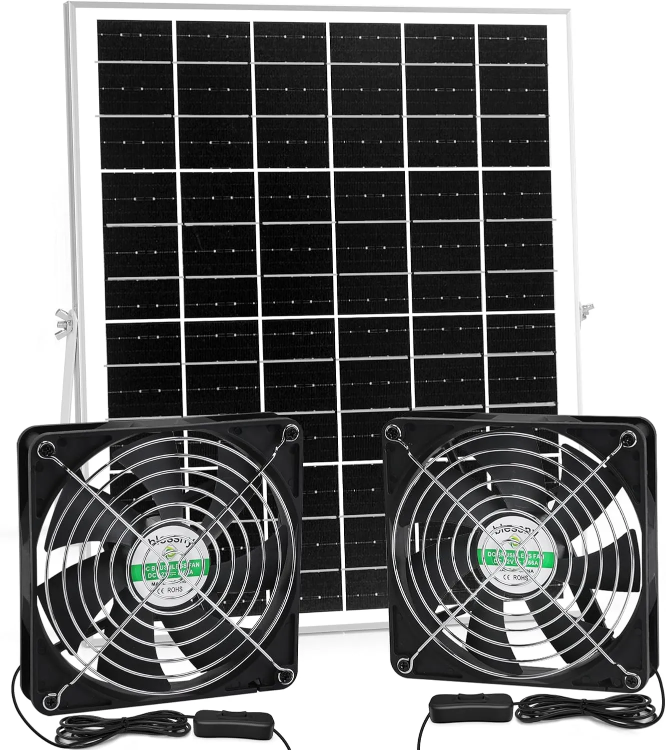 5.5 Inch Solar Powered Fan Kit, 25W Solar Panel with 2 Waterproof Fans for Outside Chicken Coops, Greenhouses, Sheds, Intake or Exhaust Air Fan with 15 FT On/Off Switch Cord