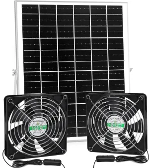 5.5 Inch Solar Powered Fan Kit, 25W Solar Panel with 2 Waterproof Fans for Outside Chicken Coops, Greenhouses, Sheds, Intake or Exhaust Air Fan with 15 FT On/Off Switch Cord