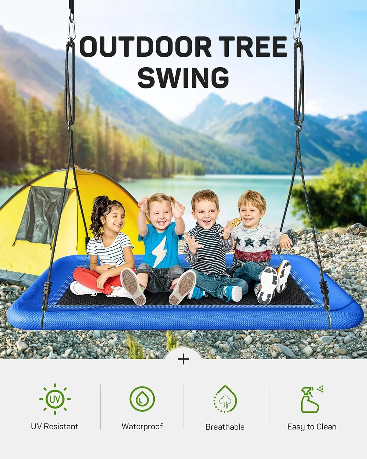 60" Tree Swing for Kids and Adults, 700lbs Capacity, Waterproof Rectangle Platform Swing with Adjustable Straps for Outdoor & Indoor Use - Blue