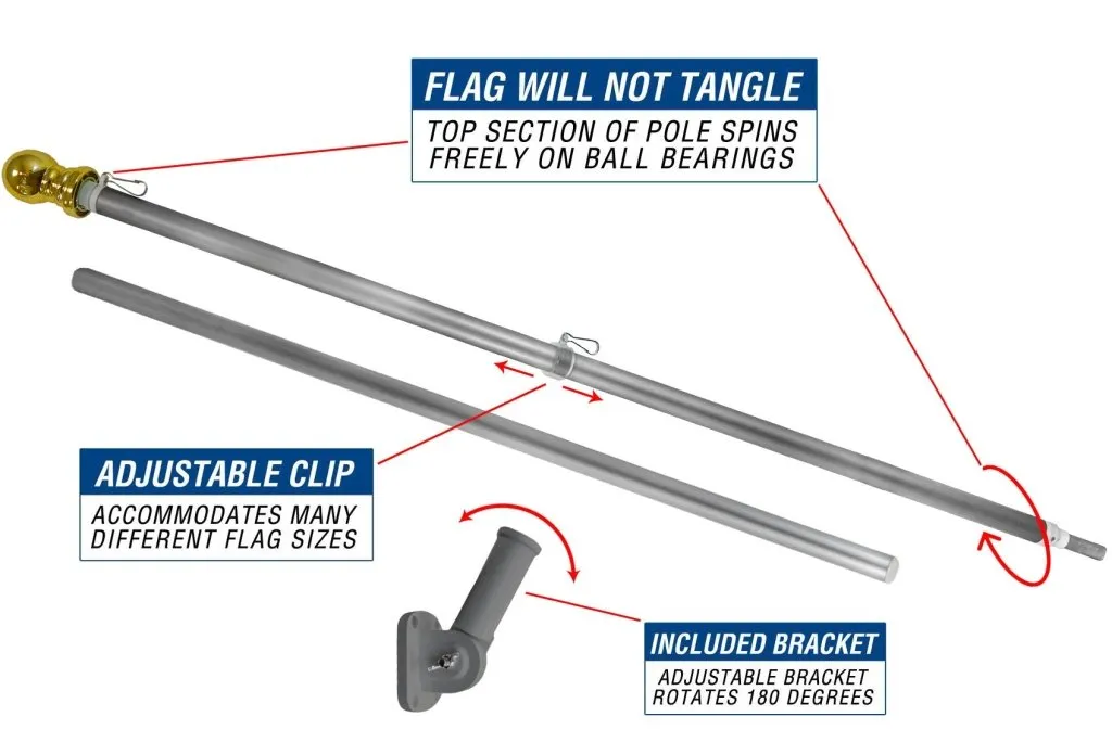 6ft Spinning Stabilizer Flag Pole & Adjustable Bracket Kit (Silver)