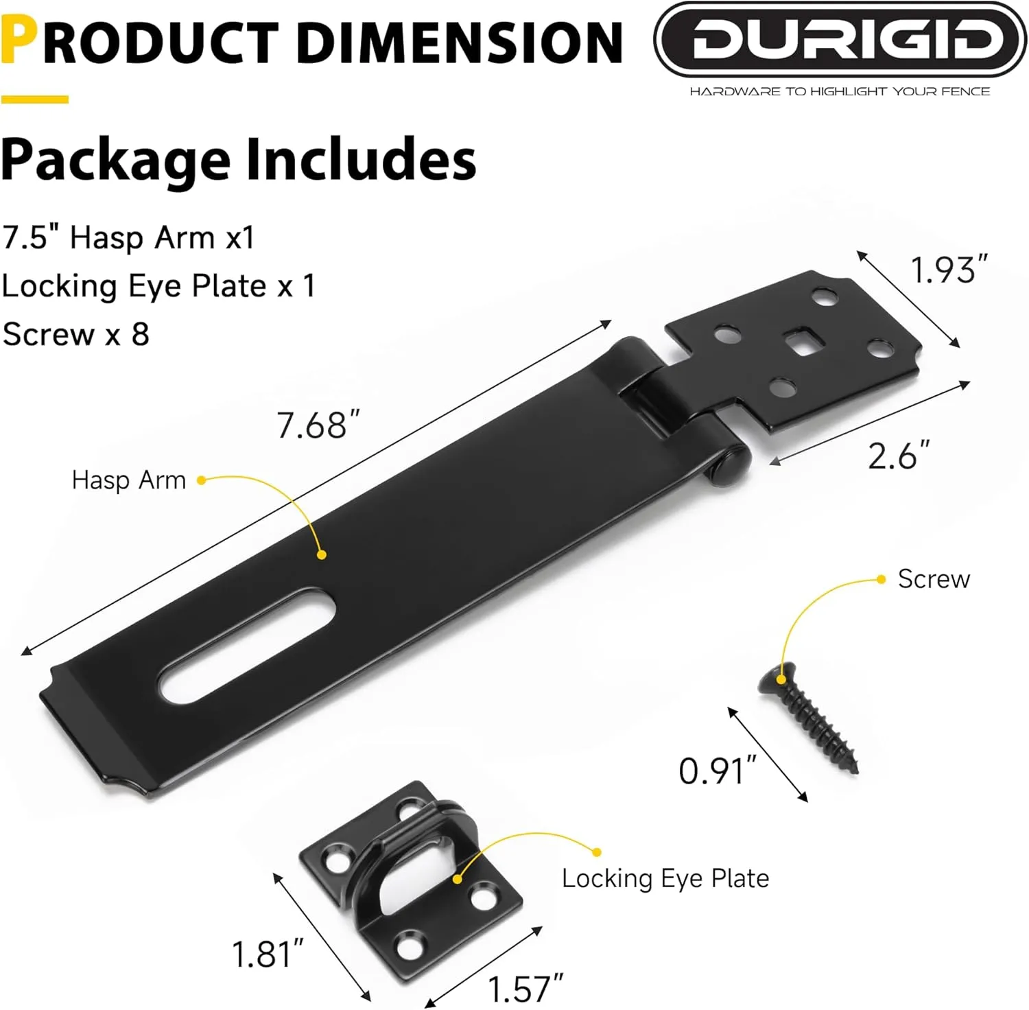 7-1/2 Inch Hasp Latch Heavy Duty Shed Door Latch Barn Door Lock, Padlock Latch Hasp for Shed Fence Gate Barn Door Drawer, Black Finish, 1 Pack