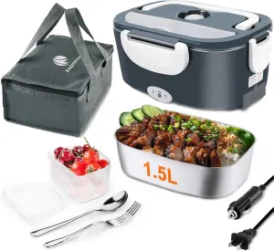 80W Faster Electric Lunch Box, Home Office Truck Car Food Warmer, Portable Food Heater with 304 Stainless Steel Container, Spoon & Fork and Carry Bag (Dark Grey)