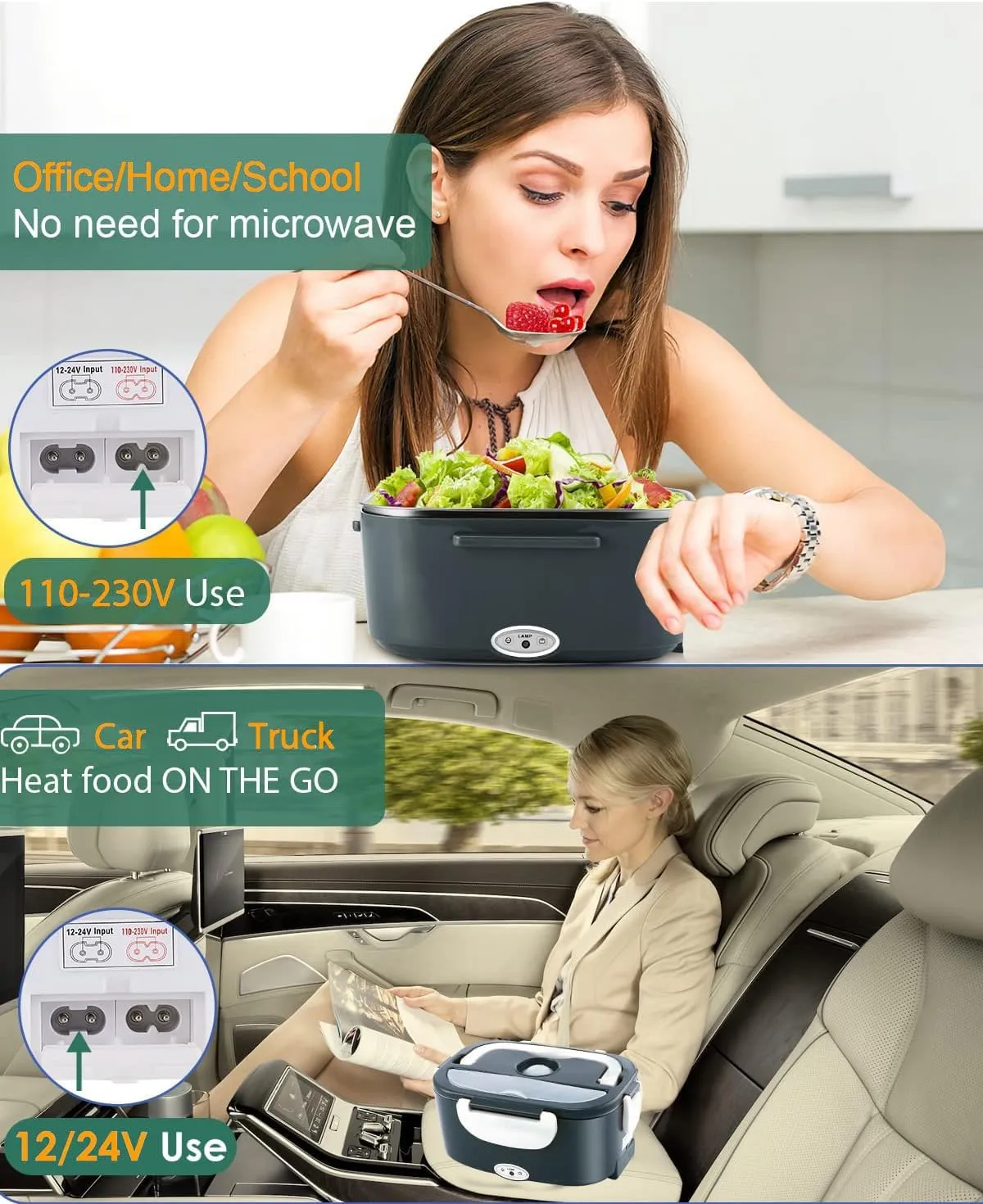 80W Faster Electric Lunch Box, Home Office Truck Car Food Warmer, Portable Food Heater with 304 Stainless Steel Container, Spoon & Fork and Carry Bag (Dark Grey)