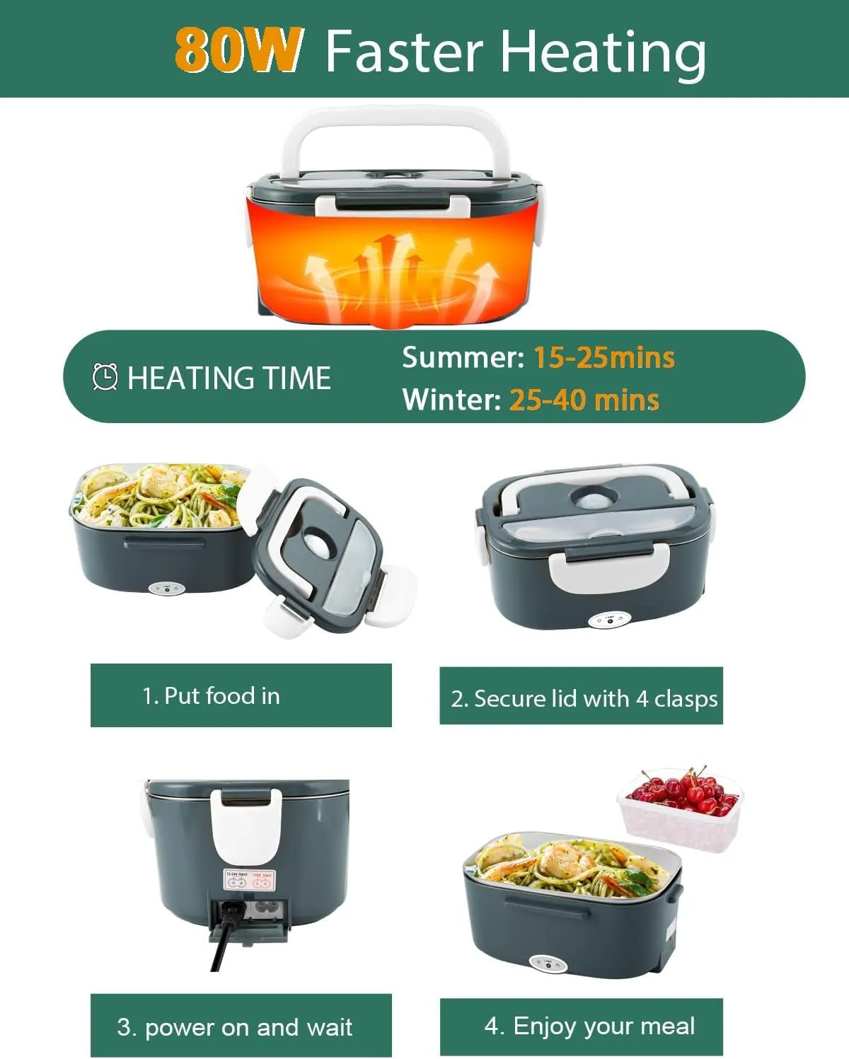 80W Faster Electric Lunch Box, Home Office Truck Car Food Warmer, Portable Food Heater with 304 Stainless Steel Container, Spoon & Fork and Carry Bag (Dark Grey)