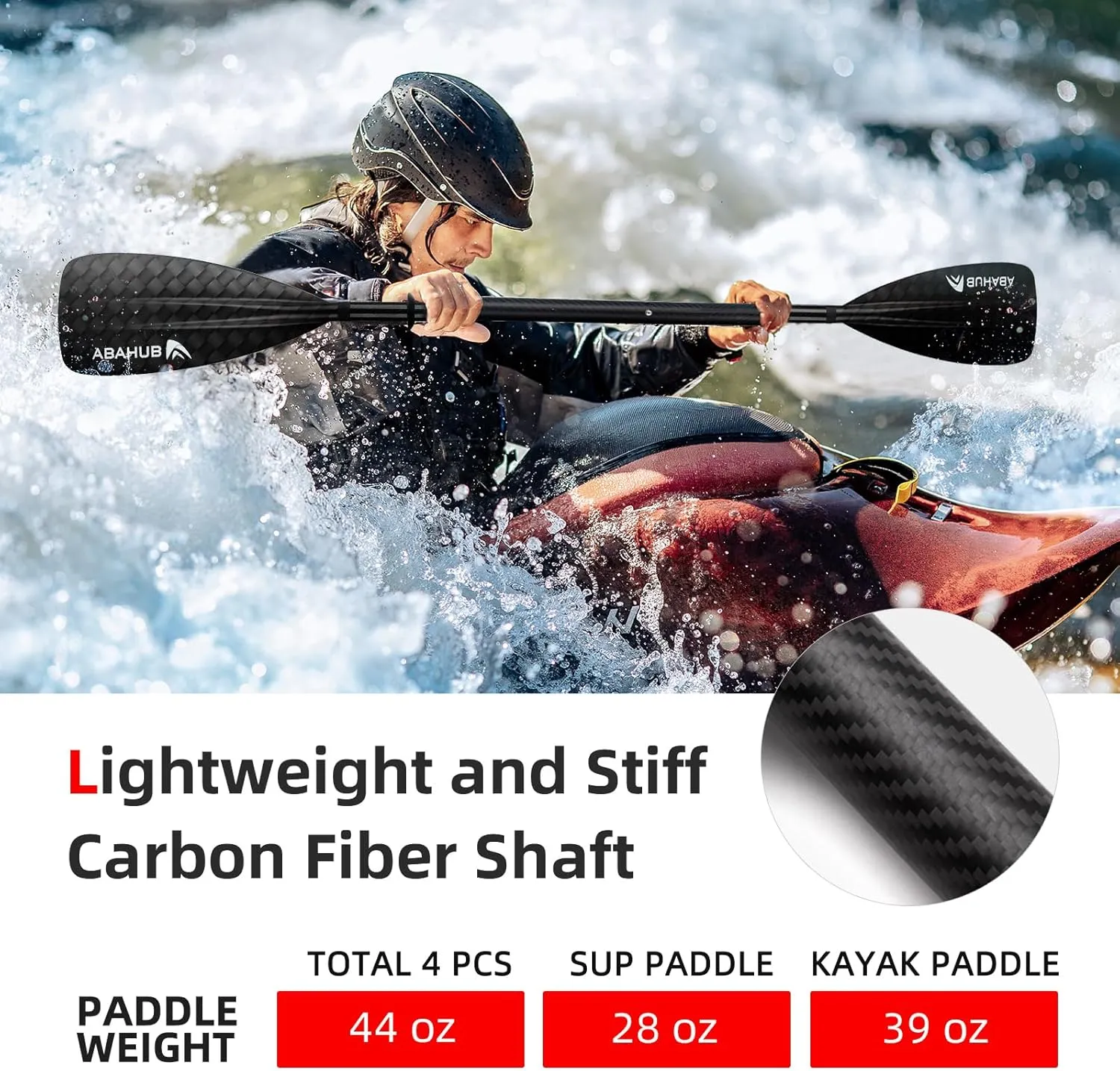 Abahub 1 x 4 Section Carbon SUP Paddle/Kayak Oar, Adjustable Stand up Paddleboard Paddles, Lightweight Carbon Shaft Black/Blue/Green/Gray/Orange/Red Plastic Blade