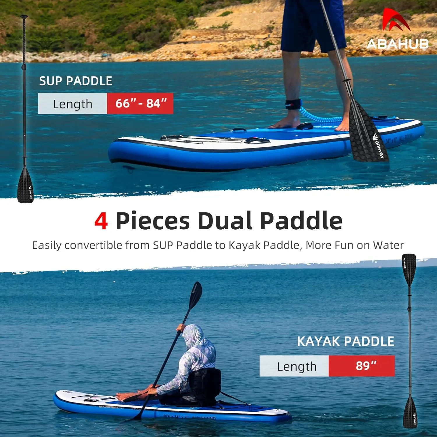 Abahub 1 x 4 Section Carbon SUP Paddle/Kayak Oar, Adjustable Stand up Paddleboard Paddles, Lightweight Carbon Shaft Black/Blue/Green/Gray/Orange/Red Plastic Blade
