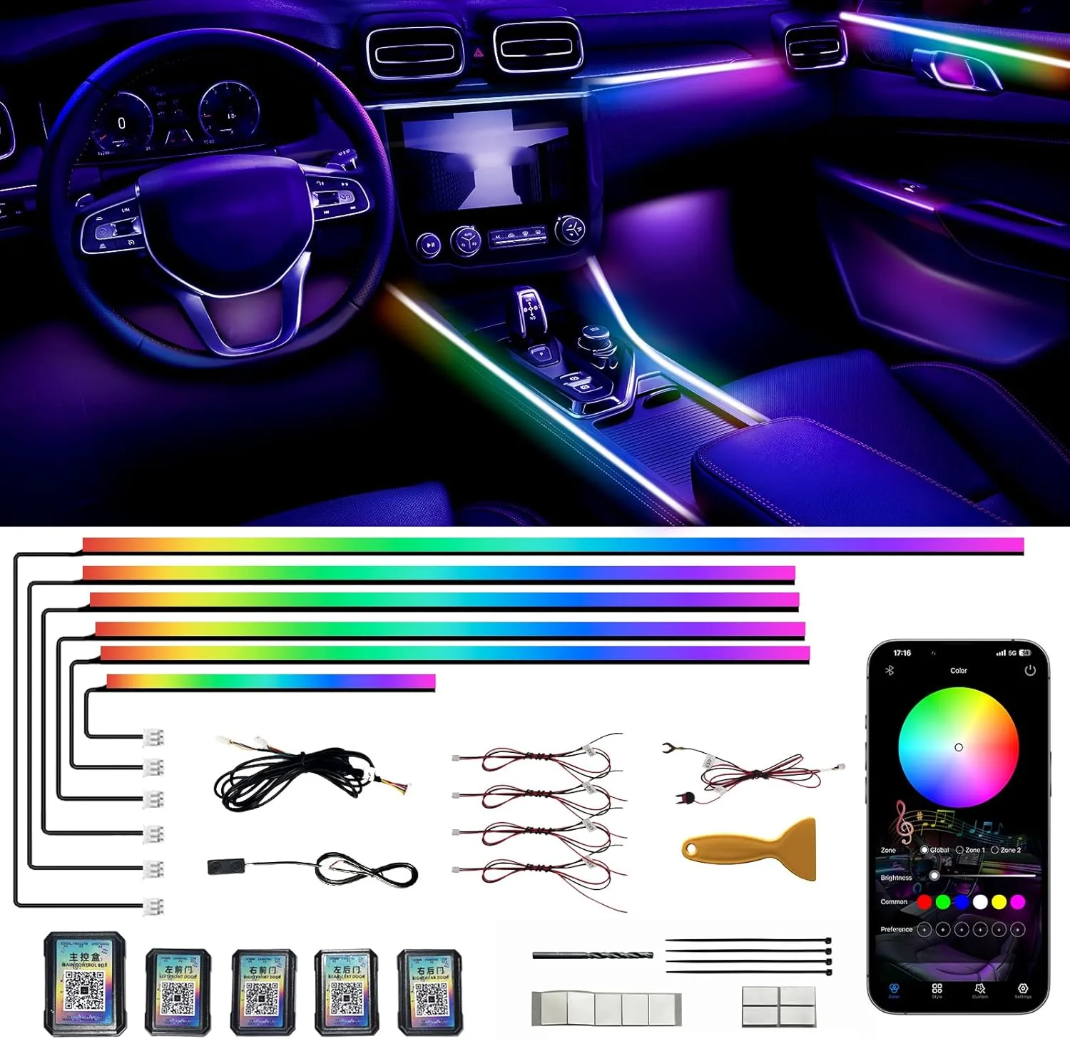 Acrylic Interior Car LED Strip Lights,Colorful 6-in-1 Car Ambient Lighting Kit, with Wireless APP Control, 622 LED Fiber Optic Strip Lights for Cars, Supports Neon Sync with Music DIY Mode.