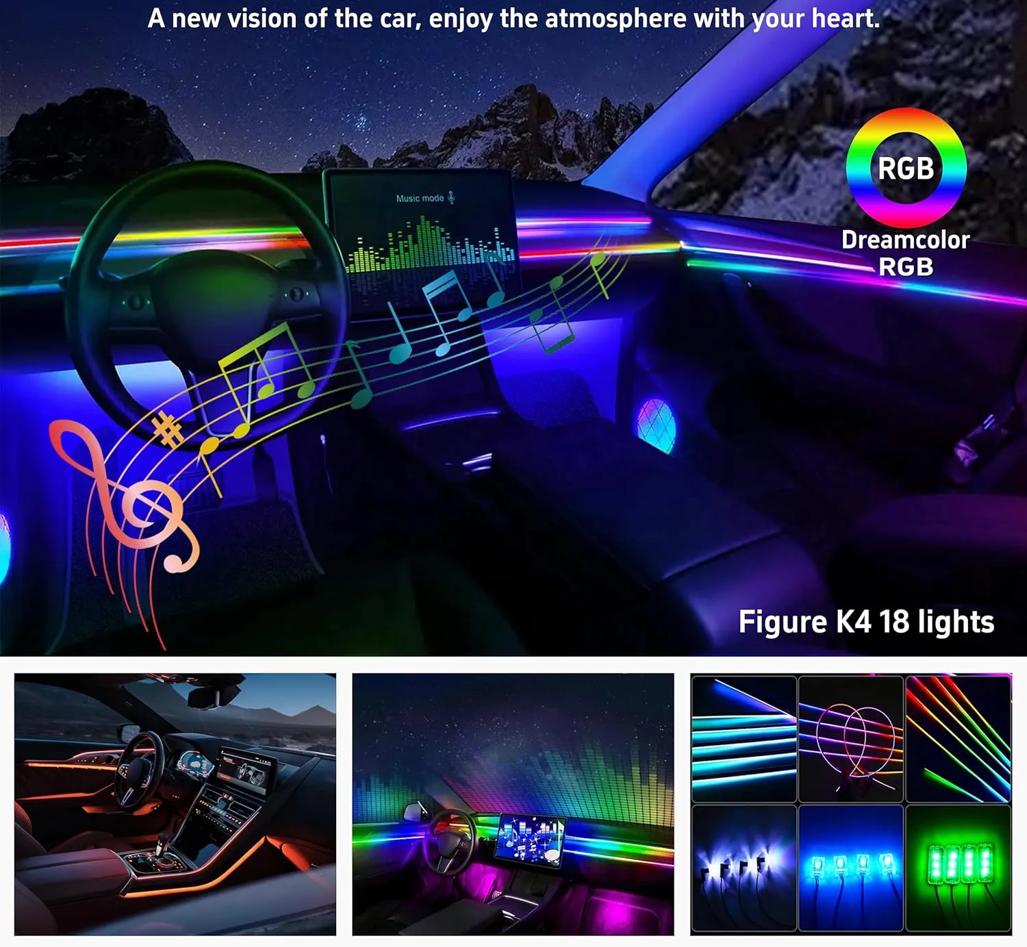 Acrylic Interior Car LED Strip Lights,Colorful 6-in-1 Car Ambient Lighting Kit, with Wireless APP Control, 622 LED Fiber Optic Strip Lights for Cars, Supports Neon Sync with Music DIY Mode.