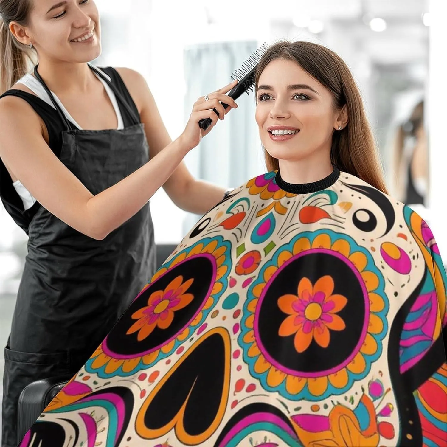 Adjustable Barber Styling Cape - Mexican Sugar Skull Flower Art Haircut Apron Hairdressing Gown Cover for Hairdressers