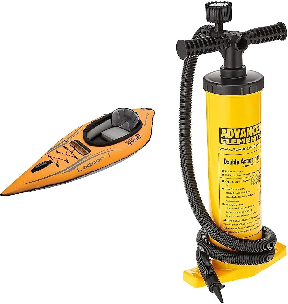 Advanced Elements Lagoon 1 Person Inflatable Kayak & Double Action Pump with Pressure Guage, Yellow, One Size
