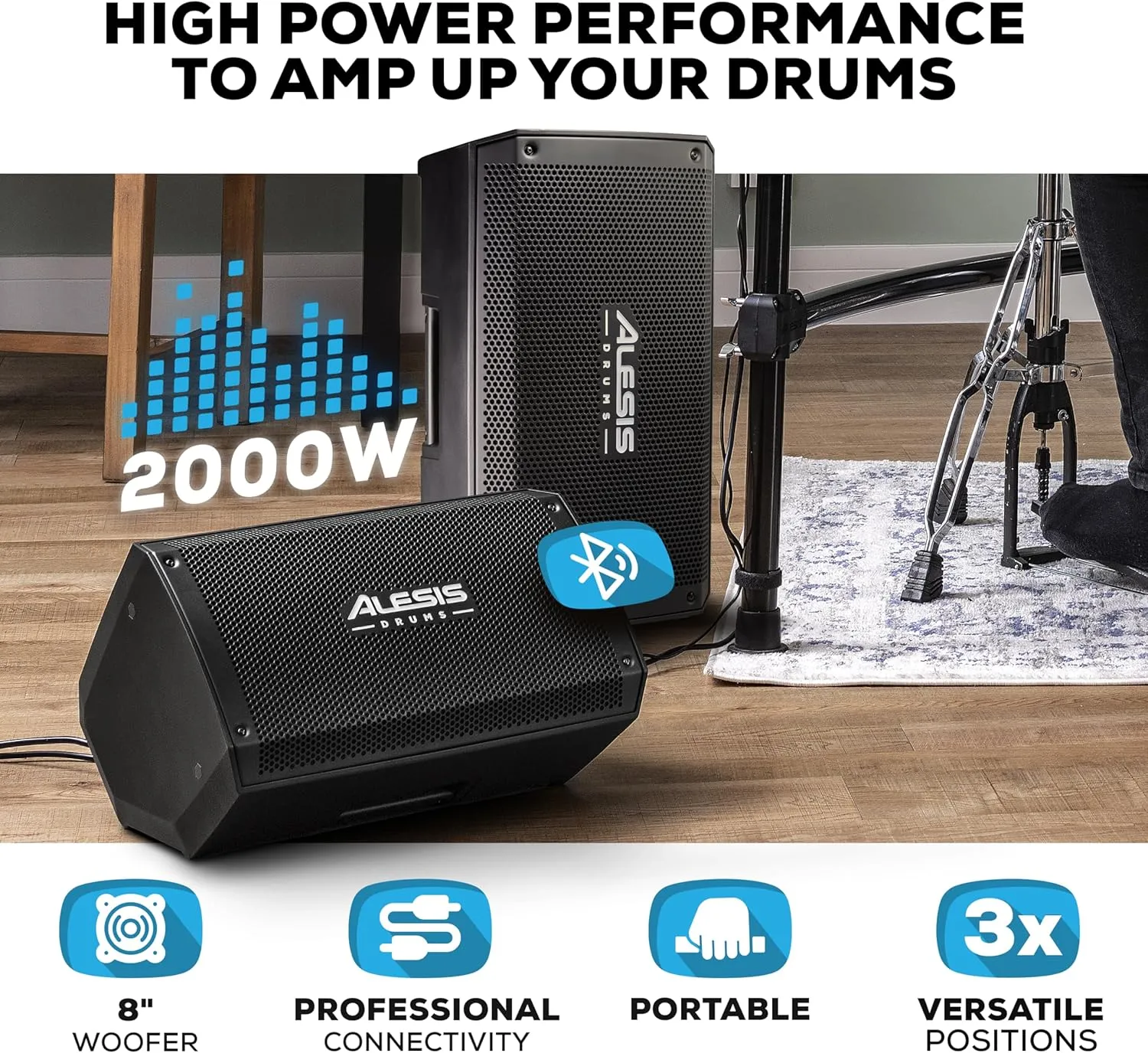 Alesis Strike Amp 8 MK2-2000W Drum Amp Speaker for Electric Drum Set with Bluetooth, 8" Woofer, HPF EQ and Ground-Lift Switch