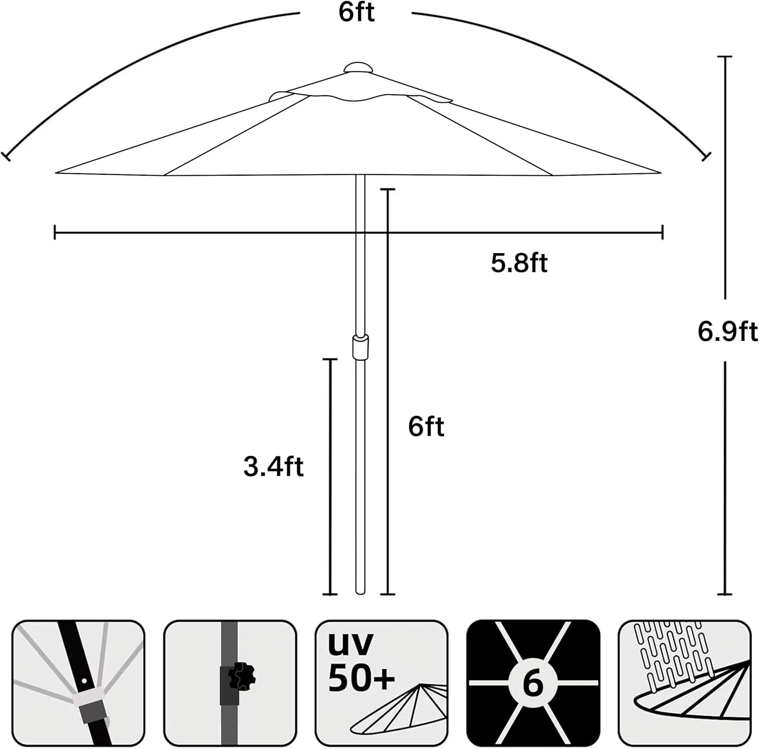 AMMSUN 5.8ft Patio Umbrella Outdoor Table Umbrellas with Push Button Tilt, UPF50  Premium Steel Pole and Ribs for Deck, Lawn, Garden, Backyard & Pool (Tan)