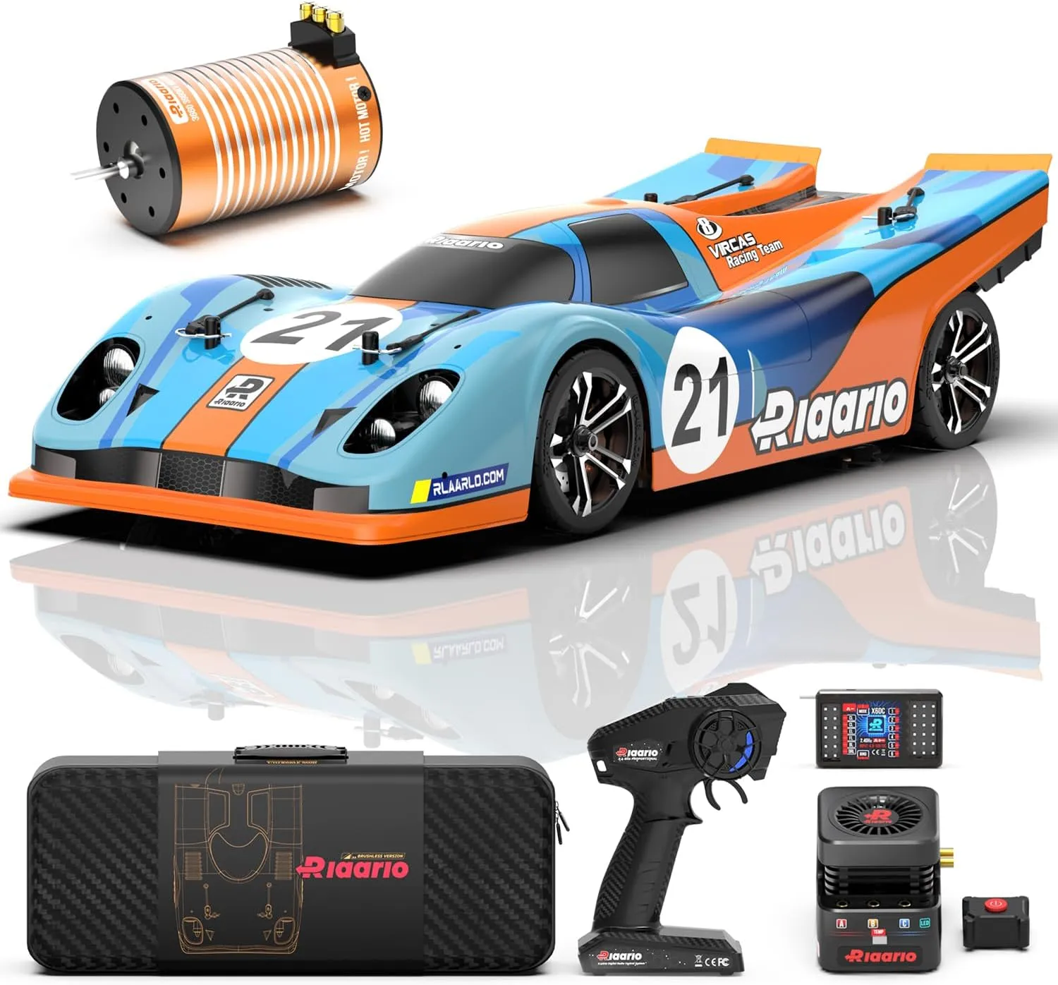 AMORIL 1/10 Fast Brushless RC Drift Cars for Adults,Max 200KM/H Carbon Fiber On-Road Supercar with 3660 3900KV Brushless Motor,120A ESC,9KG Meta-Gear Servo,3300mah Lipo,Waterproof Suitcase,Blue