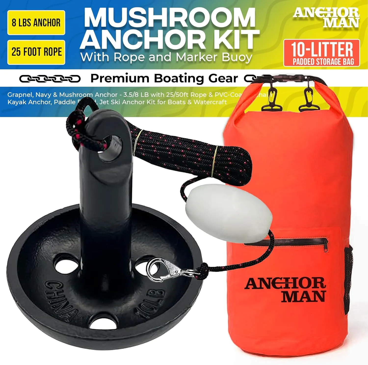 Anchor-Man Folding Kayak Complete Anchor Kit, Stainless Steel Shackles, Mushroom Anchor with 25 Feet Rope, Jet Ski Anchor Kit, Galvanized Navy Anchor Canoe Small Boat Anchor for Fishing