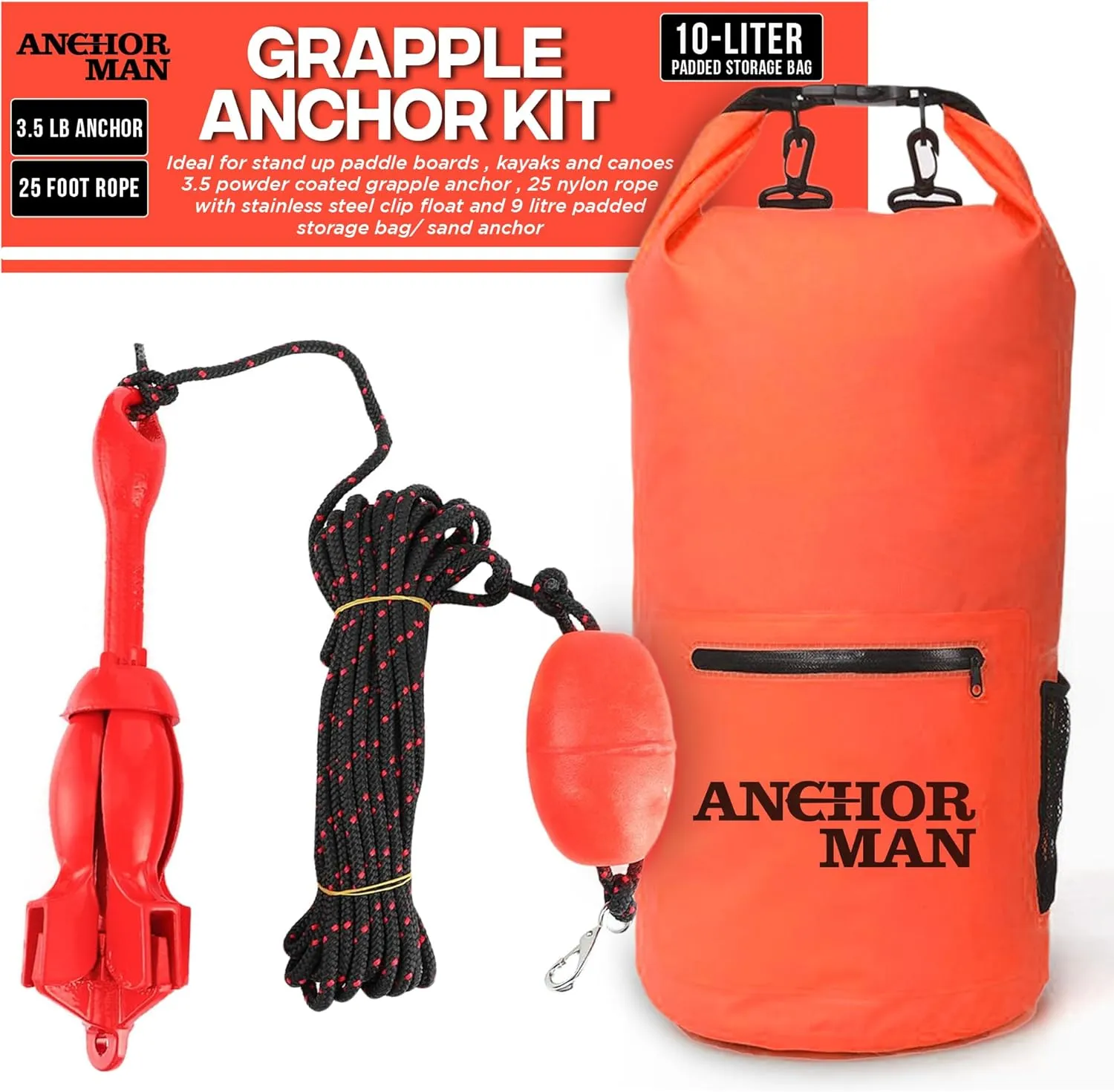 Anchor-Man Folding Kayak Complete Anchor Kit, Stainless Steel Shackles, Mushroom Anchor with 25 Feet Rope, Jet Ski Anchor Kit, Galvanized Navy Anchor Canoe Small Boat Anchor for Fishing