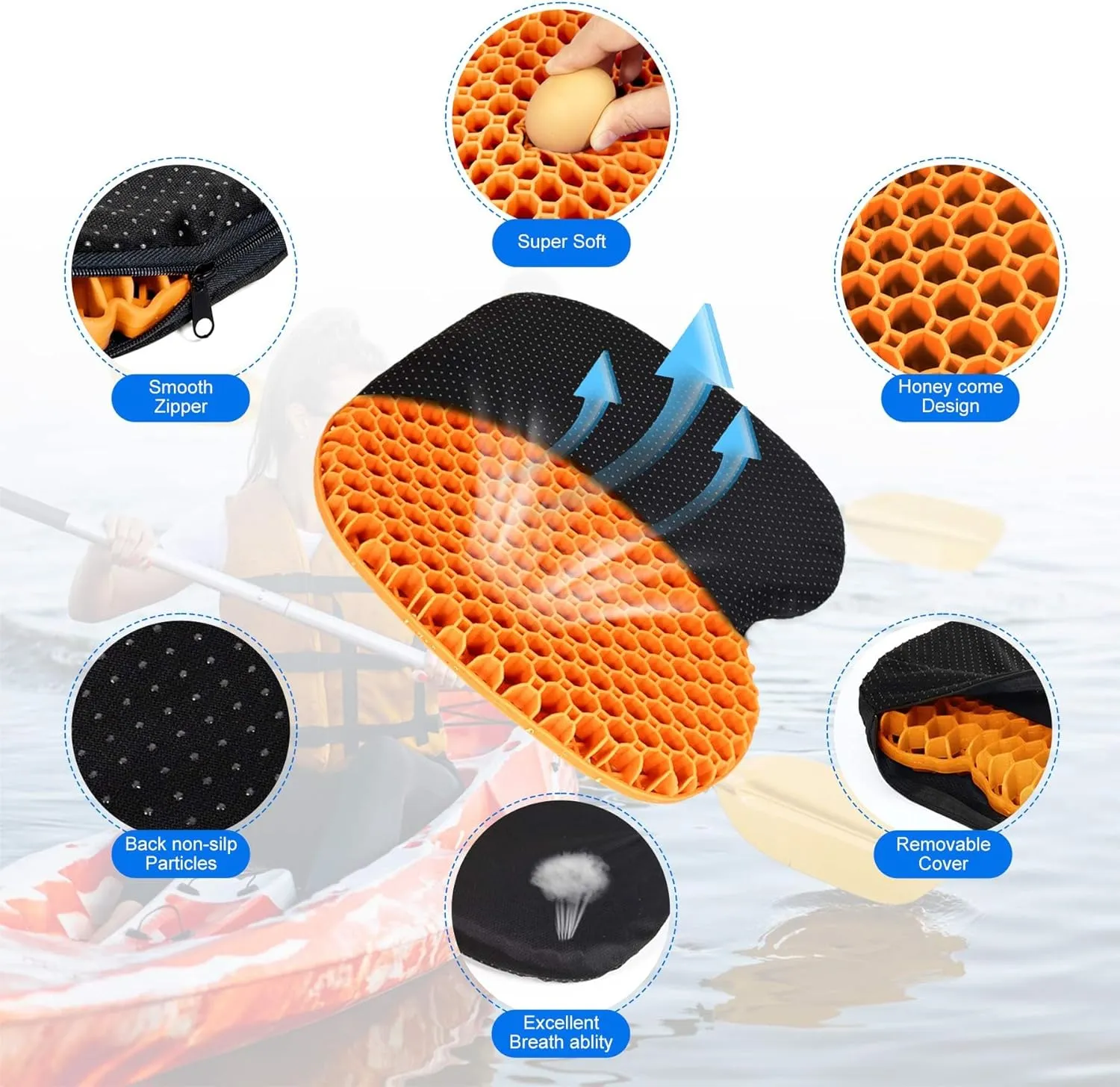 Anti Slip Kayak Gel Seat Cushion Thick Waterproof Egg Seat Cushion Kayak Seat Pad with Non-Slip Cover for Sit in Kayak Inflatable Kayak Canoe & Boat Kayak Accessories for Fishing Kayak