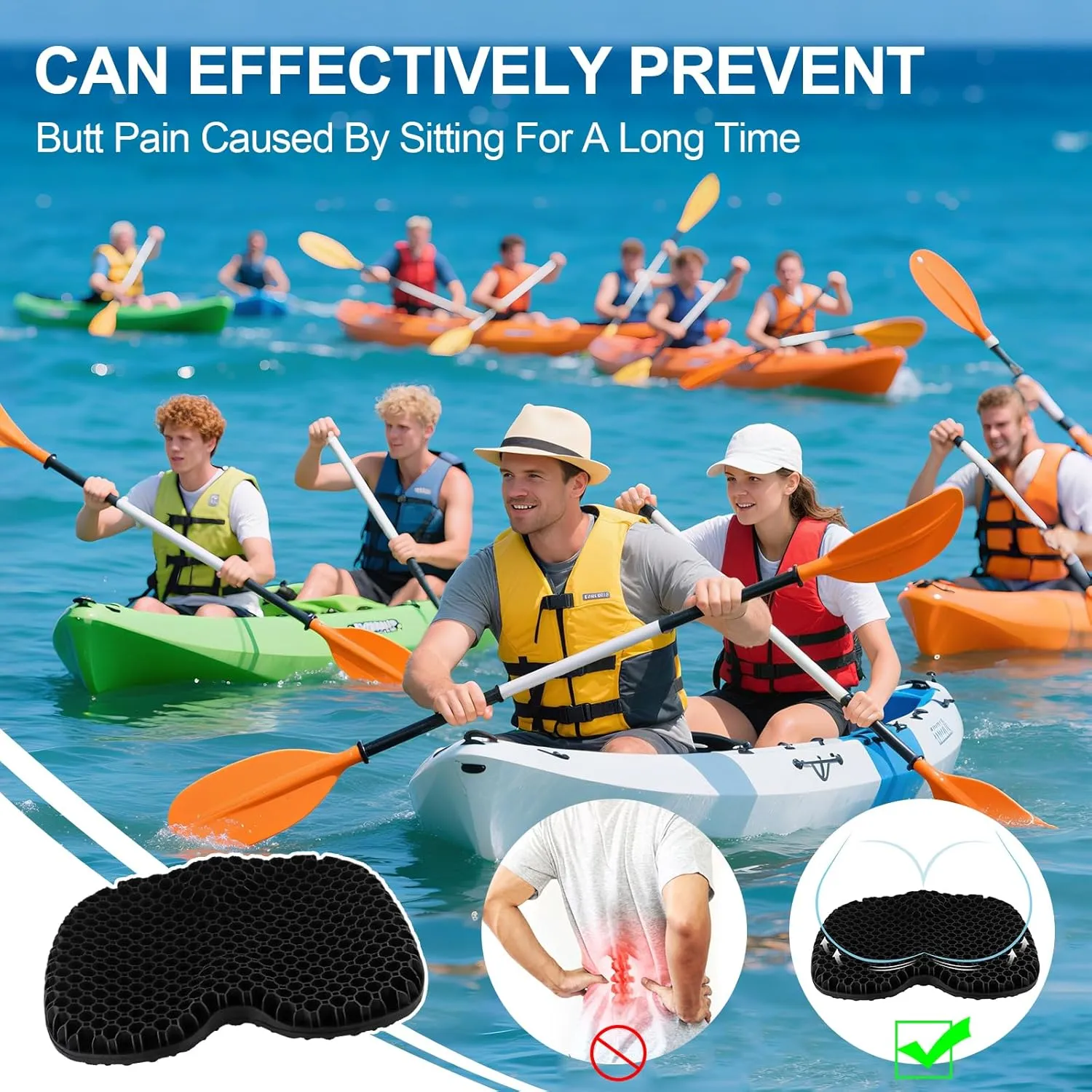 Anti Slip Kayak Seat Cushion,Thick Waterproof Seat Cushion Kayak Gel Seat Pad With Non-Slip Cover For Sit In Kayak Inflatable Kayak Canoe & Boat Kayak Accessories For Fishing Water Sports Outdoors