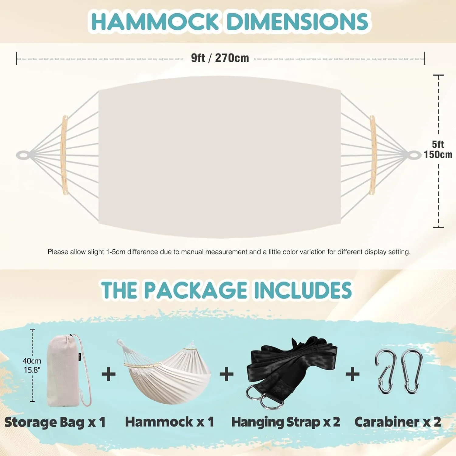 Anyoo Garden Cotton Hammock Comfortable Fabric Hammock with Spreader Bar Sturdy Hammocks Up to 450lbs Portable Lightweight Hammocks with Travel Bag for Camping Outdoor/Indoor Patio Backyard