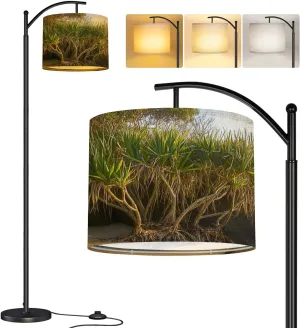 Arc Floor Lamp, Modern Pandanas Plant Noosa Standing Lamp with Adjustable Hanging Linen Shade Foot Switch for Living Room Bedroom Study Room Office