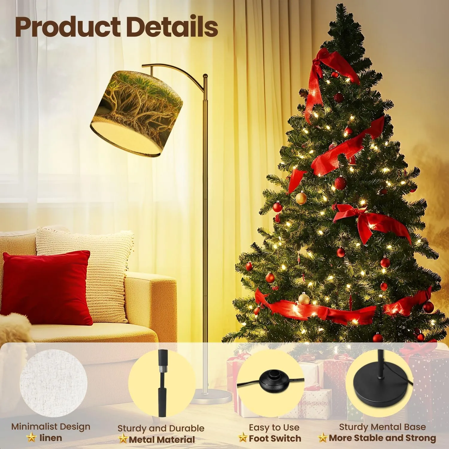 Arc Floor Lamp, Modern Pandanas Plant Noosa Standing Lamp with Adjustable Hanging Linen Shade Foot Switch for Living Room Bedroom Study Room Office
