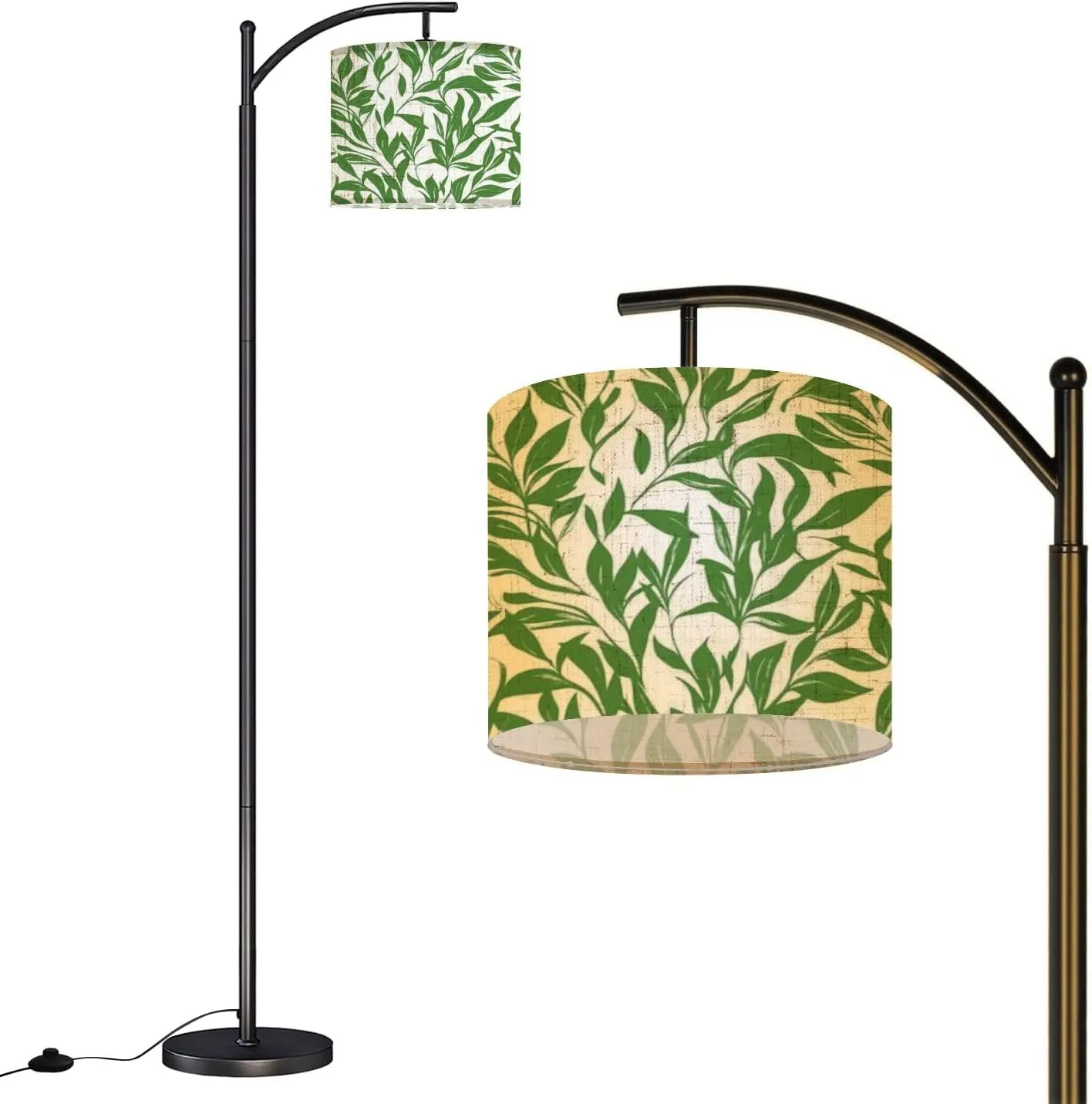Arc Floor Lamps Green Leaves Branch Pattern Modern LED Adjustable Lampshade Standing Light for Living Room Reading Bedroom Office