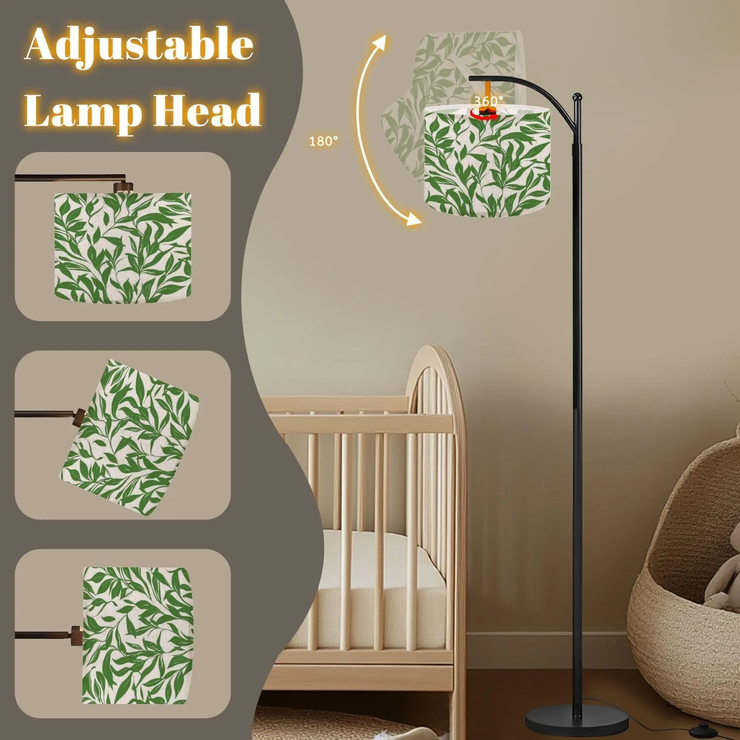 Arc Floor Lamps Green Leaves Branch Pattern Modern LED Adjustable Lampshade Standing Light for Living Room Reading Bedroom Office
