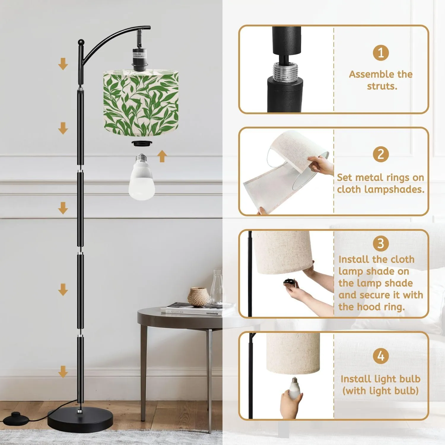 Arc Floor Lamps Green Leaves Branch Pattern Modern LED Adjustable Lampshade Standing Light for Living Room Reading Bedroom Office
