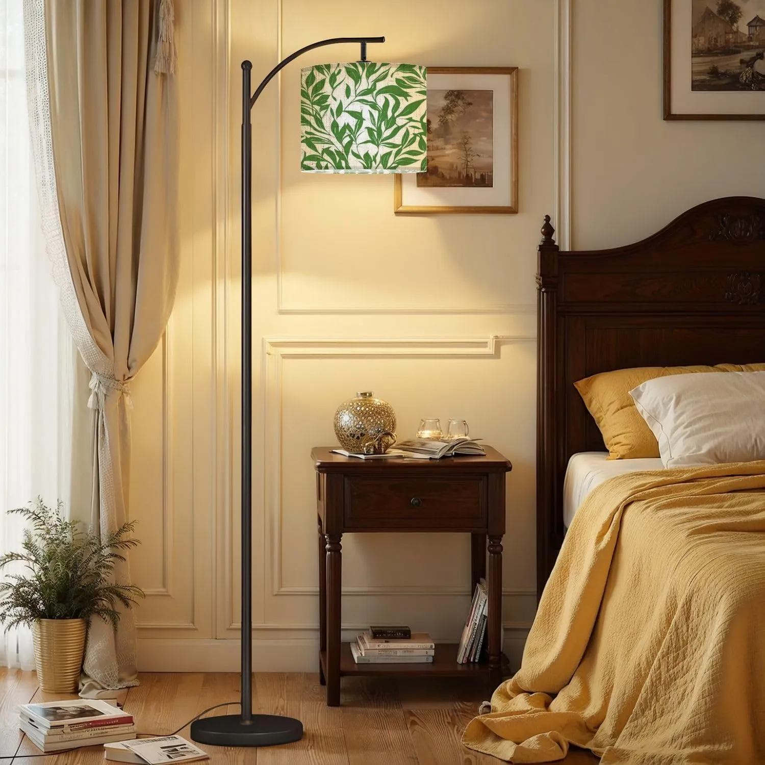 Arc Floor Lamps Green Leaves Branch Pattern Modern LED Adjustable Lampshade Standing Light for Living Room Reading Bedroom Office