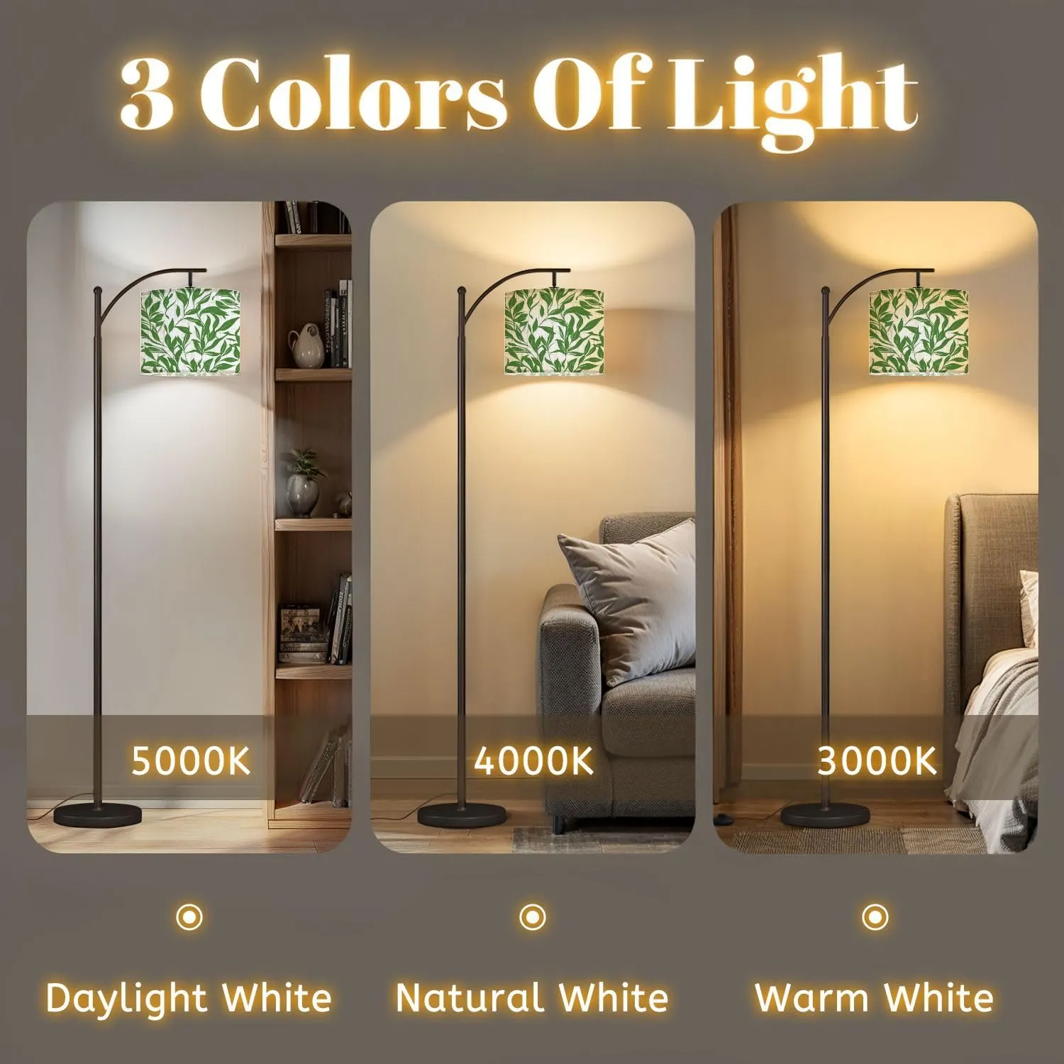Arc Floor Lamps Green Leaves Branch Pattern Modern LED Adjustable Lampshade Standing Light for Living Room Reading Bedroom Office
