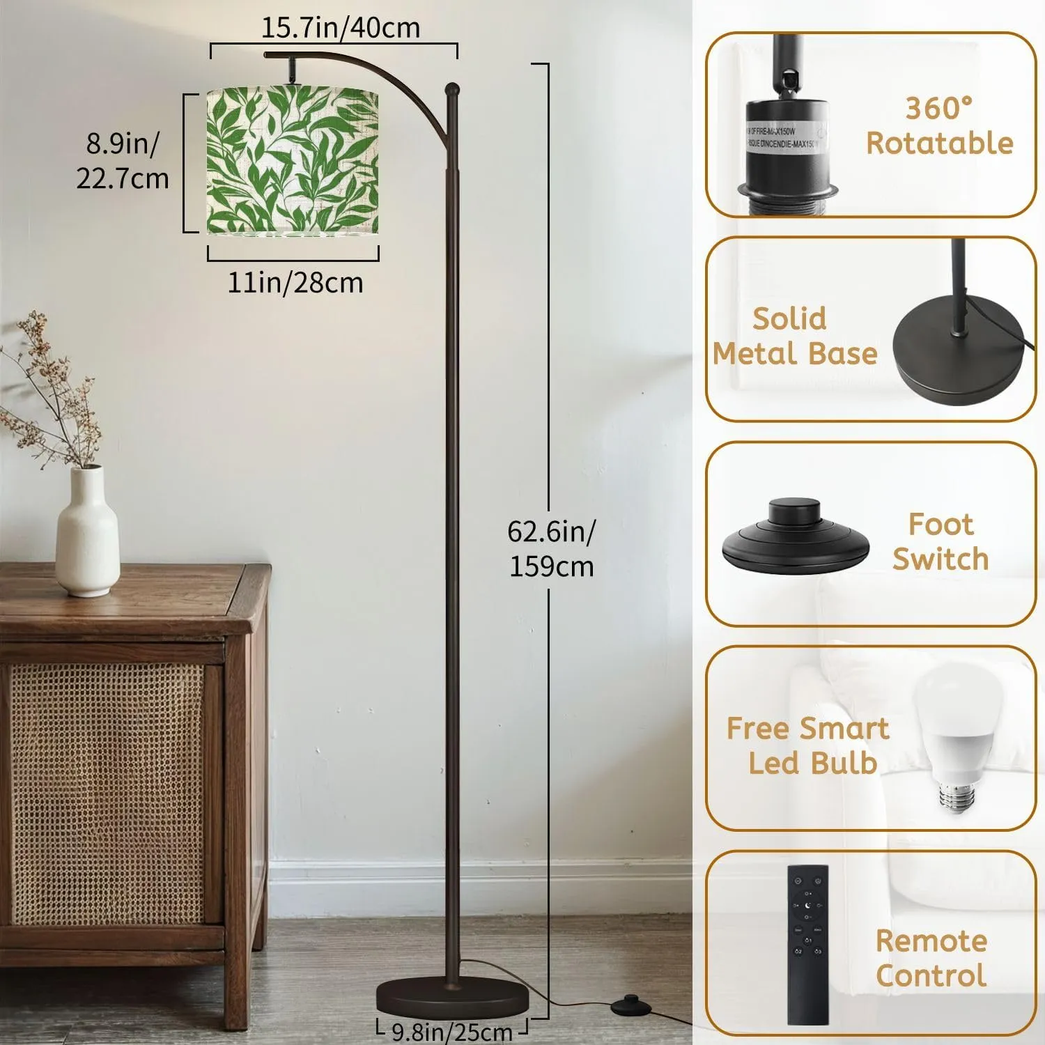 Arc Floor Lamps Green Leaves Branch Pattern Modern LED Adjustable Lampshade Standing Light for Living Room Reading Bedroom Office