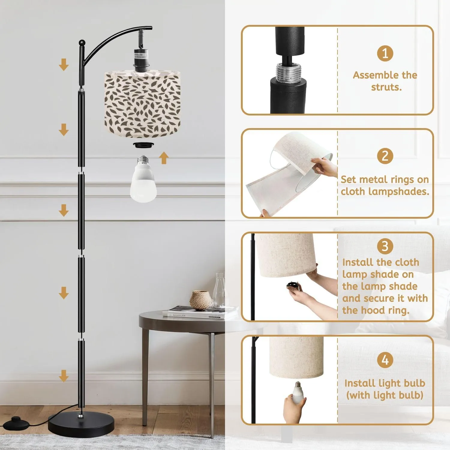 Arc Floor Lamps Monochrome Floral Leaf Seamless Pattern Modern LED Adjustable Lampshade Standing Light for Living Room Reading Bedroom Office
