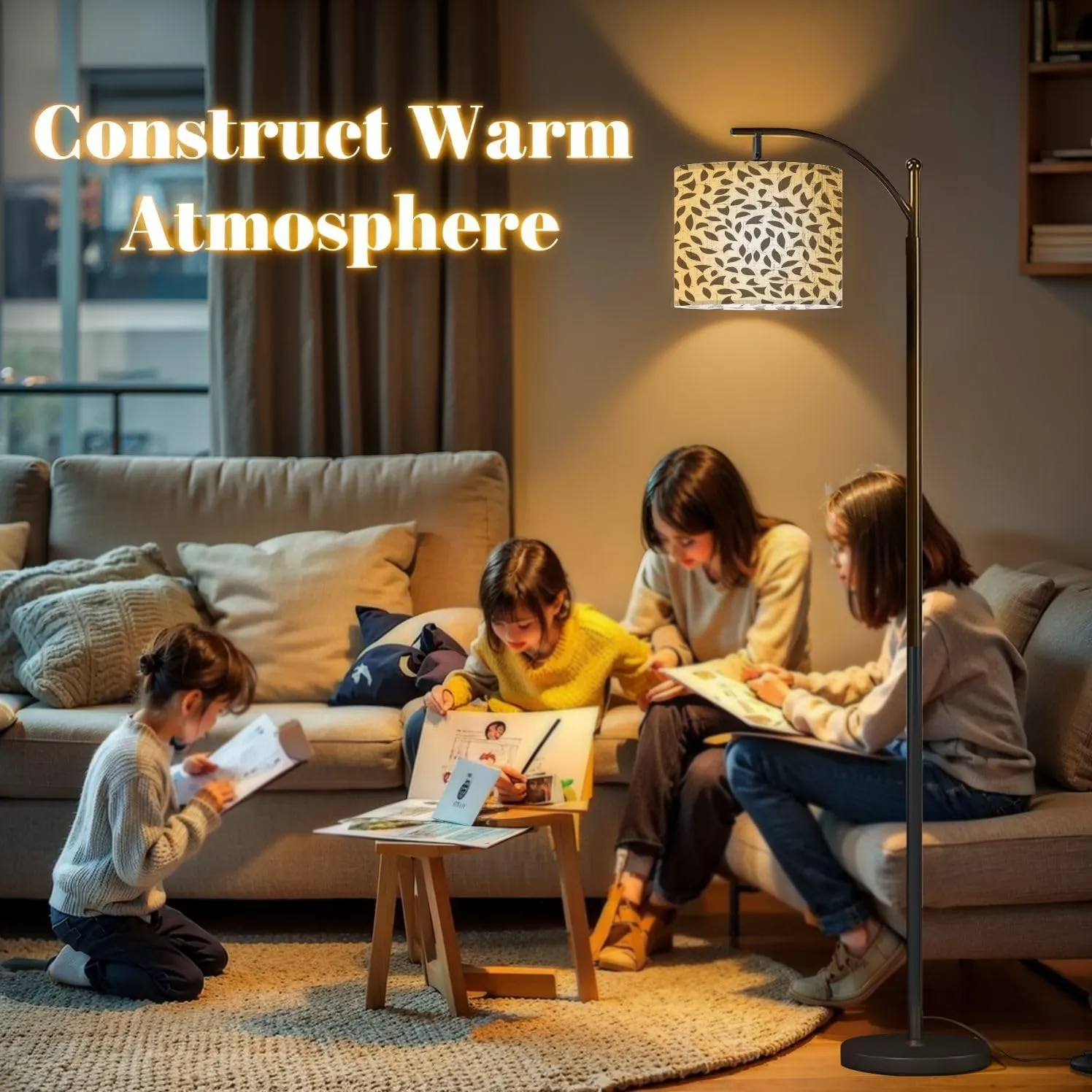Arc Floor Lamps Monochrome Floral Leaf Seamless Pattern Modern LED Adjustable Lampshade Standing Light for Living Room Reading Bedroom Office