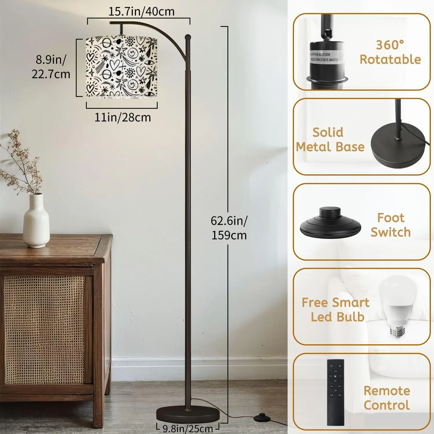Arc Floor Lamps Seamless Design Charcoal Doodle Shapes Childish Drawing Style Hand Modern LED Adjustable Lampshade Standing Light for Living Room Reading Bedroom Office