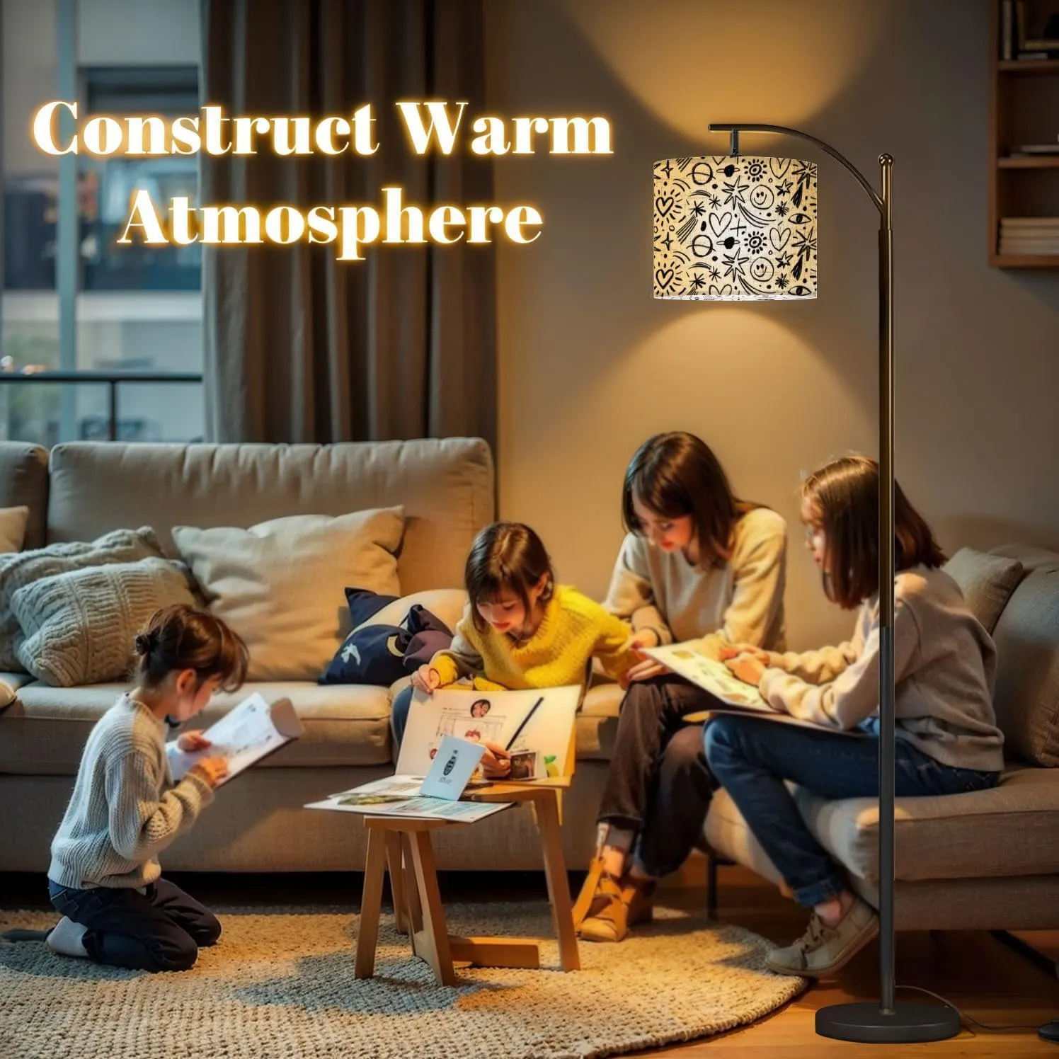 Arc Floor Lamps Seamless Design Charcoal Doodle Shapes Childish Drawing Style Hand Modern LED Adjustable Lampshade Standing Light for Living Room Reading Bedroom Office