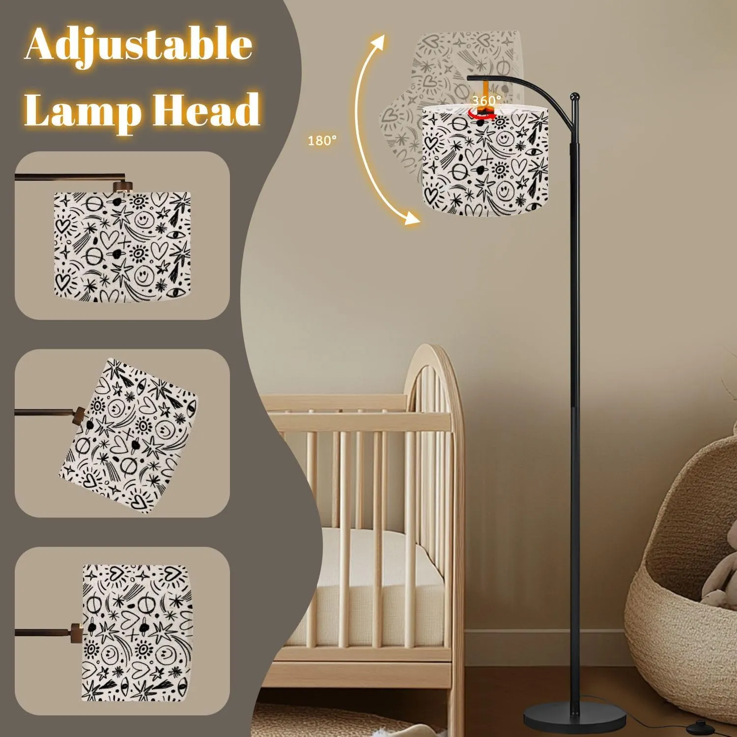 Arc Floor Lamps Seamless Design Charcoal Doodle Shapes Childish Drawing Style Hand Modern LED Adjustable Lampshade Standing Light for Living Room Reading Bedroom Office