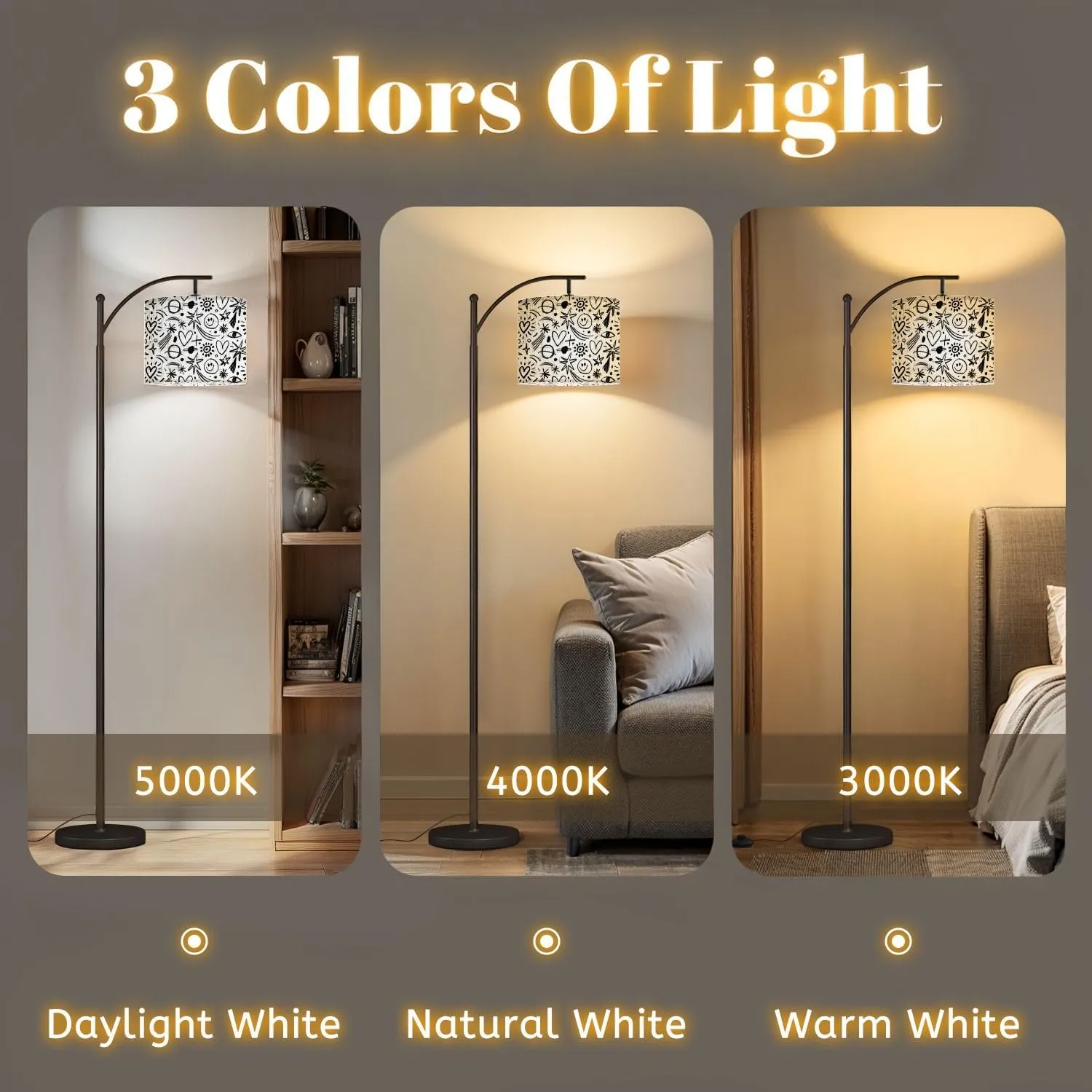 Arc Floor Lamps Seamless Design Charcoal Doodle Shapes Childish Drawing Style Hand Modern LED Adjustable Lampshade Standing Light for Living Room Reading Bedroom Office