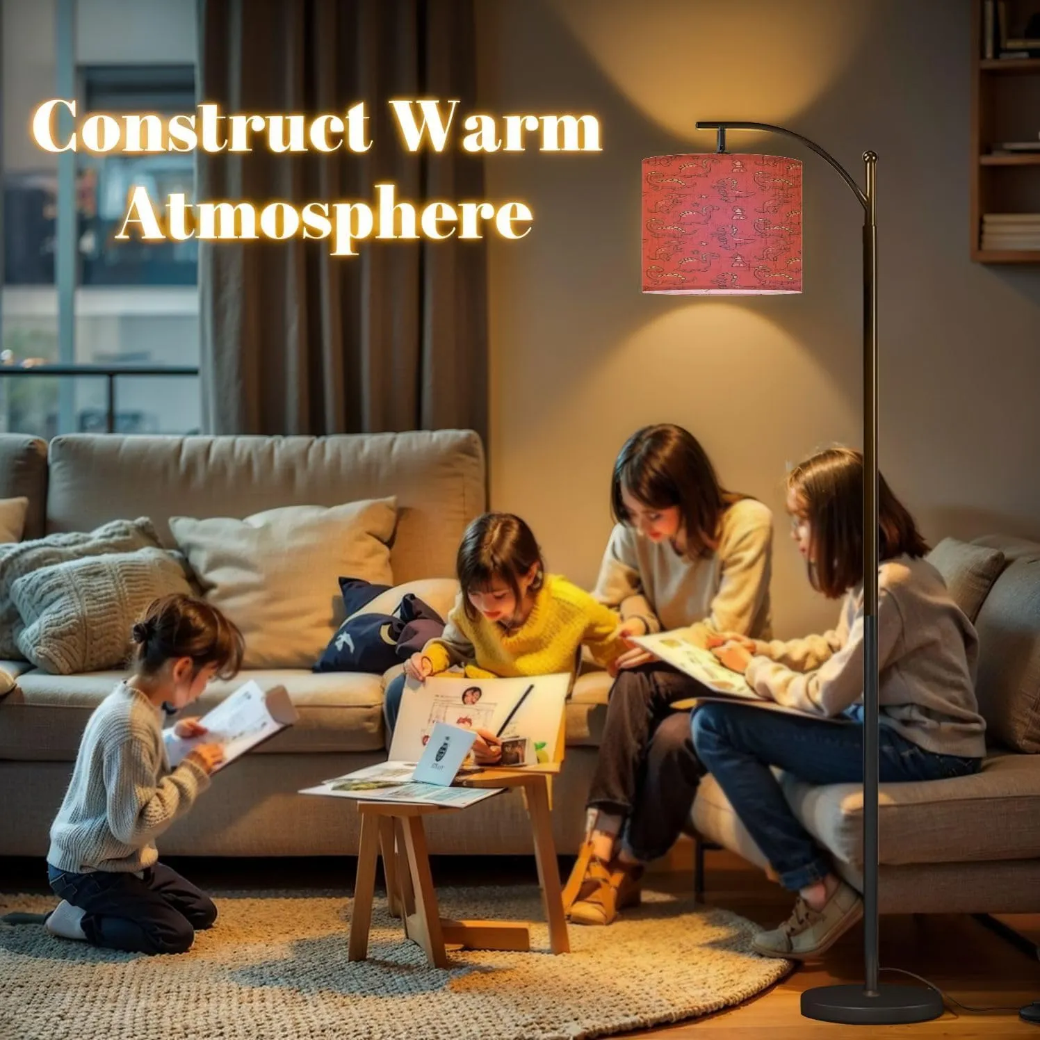 Arc Floor Lamps Seamless Pattern Cute Dinosaurs Pink Pattern for Childrens Clothes Modern LED Adjustable Lampshade Standing Light for Living Room Reading Bedroom Office