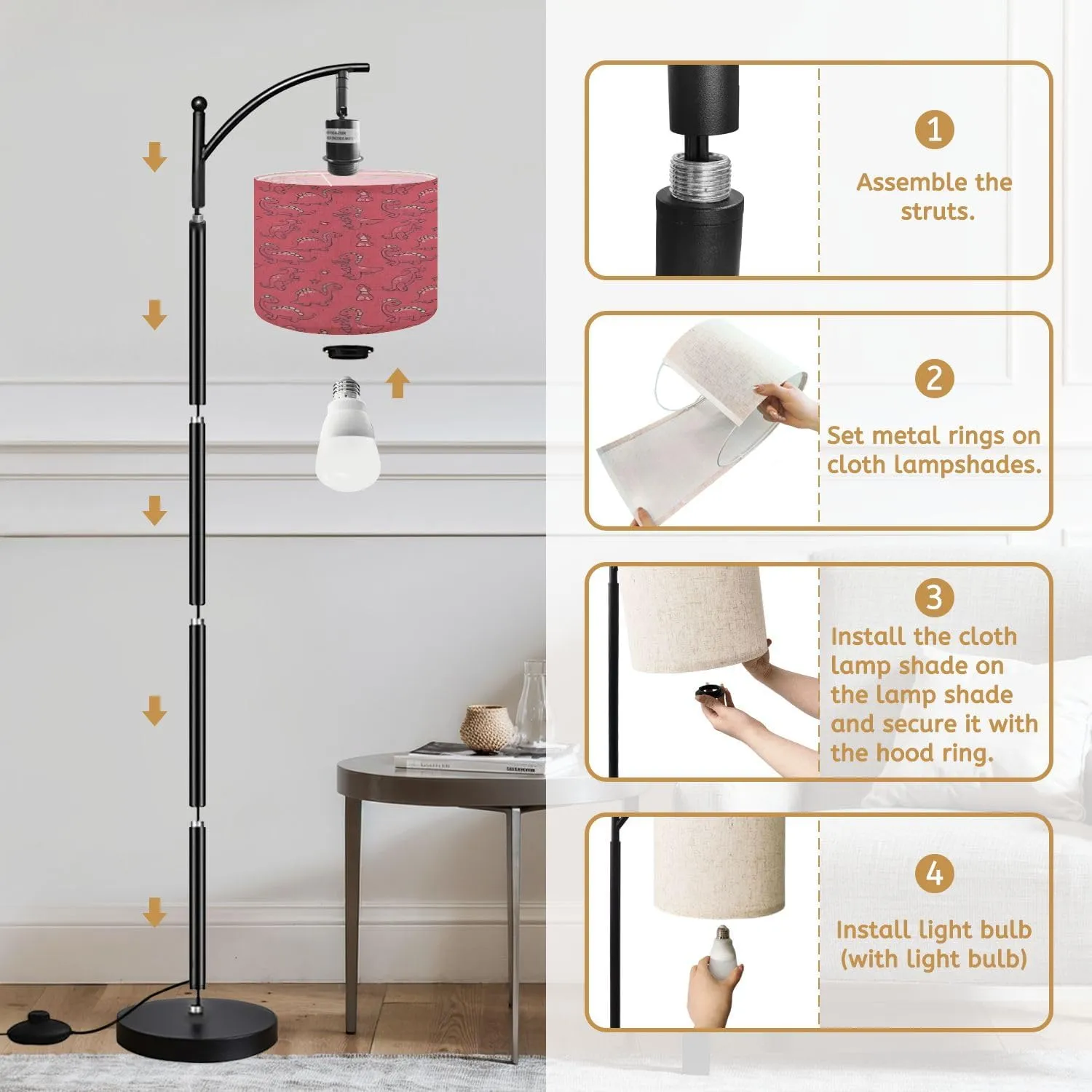 Arc Floor Lamps Seamless Pattern Cute Dinosaurs Pink Pattern for Childrens Clothes Modern LED Adjustable Lampshade Standing Light for Living Room Reading Bedroom Office