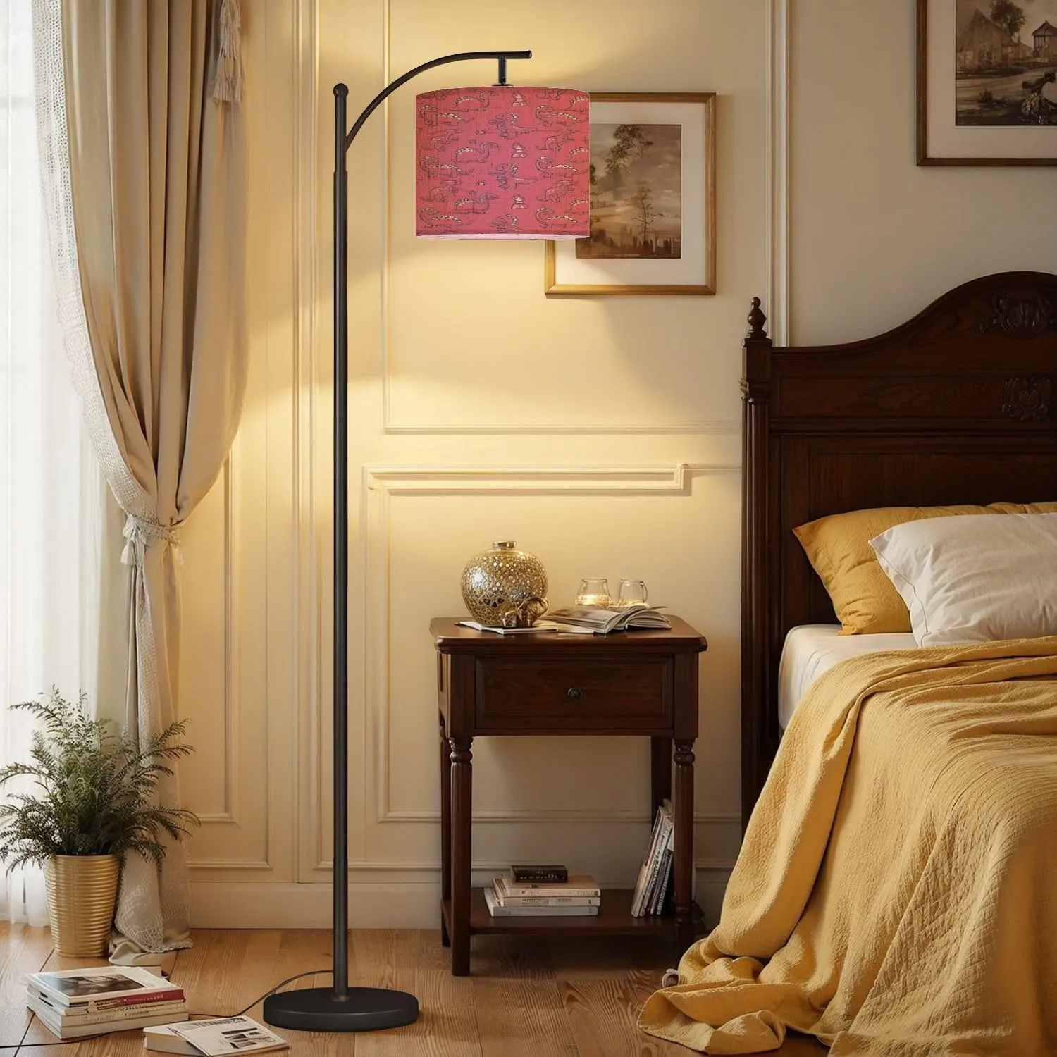 Arc Floor Lamps Seamless Pattern Cute Dinosaurs Pink Pattern for Childrens Clothes Modern LED Adjustable Lampshade Standing Light for Living Room Reading Bedroom Office