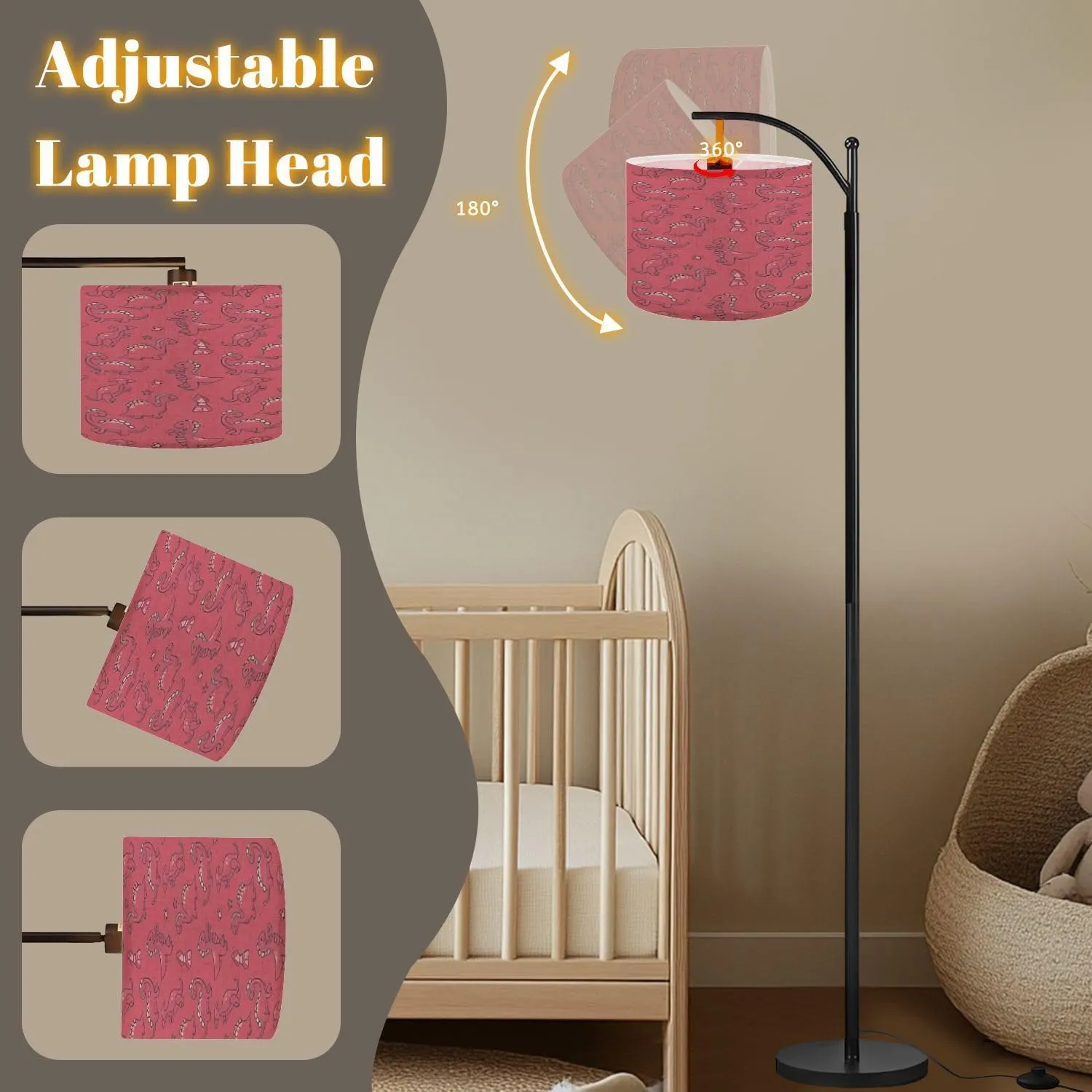 Arc Floor Lamps Seamless Pattern Cute Dinosaurs Pink Pattern for Childrens Clothes Modern LED Adjustable Lampshade Standing Light for Living Room Reading Bedroom Office